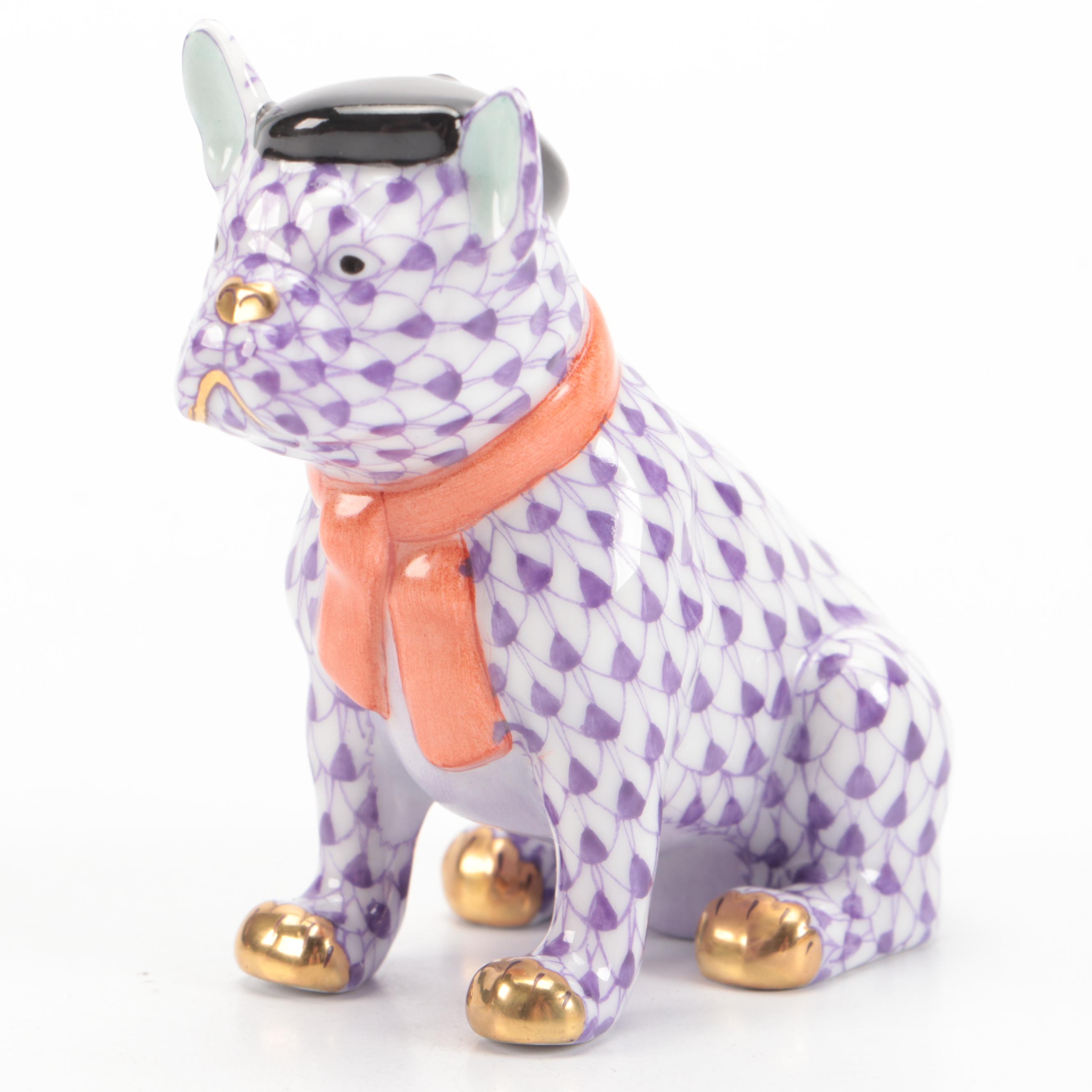 Herend Lilac Fishnet with Gold "French Frenchie" Porcelain Figurine