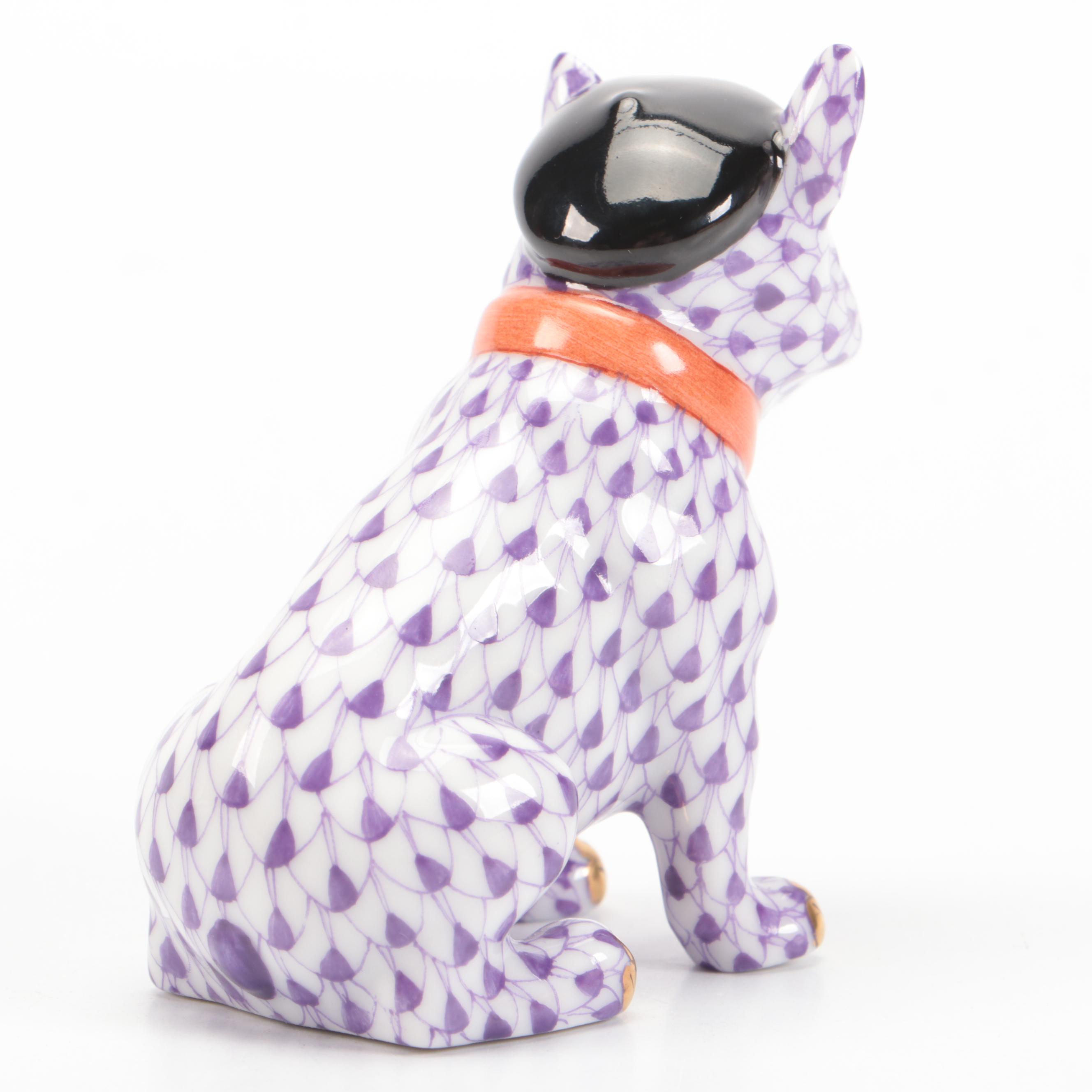 Herend Lilac Fishnet with Gold "French Frenchie" Porcelain Figurine