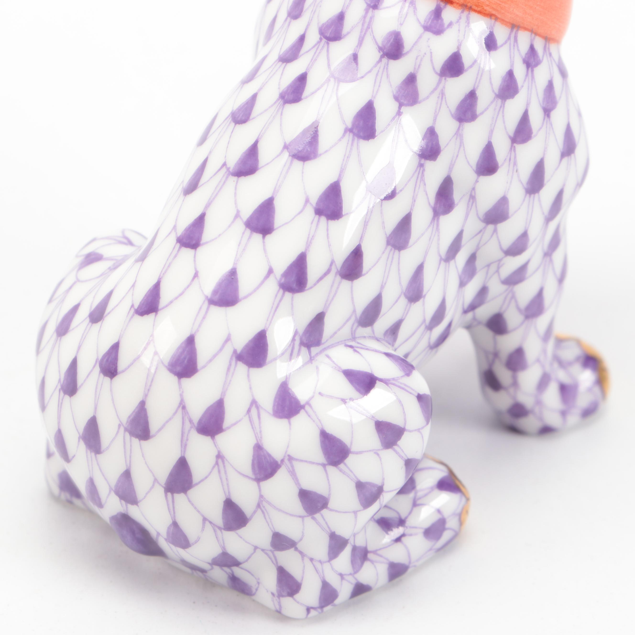 Herend Lilac Fishnet with Gold "French Frenchie" Porcelain Figurine