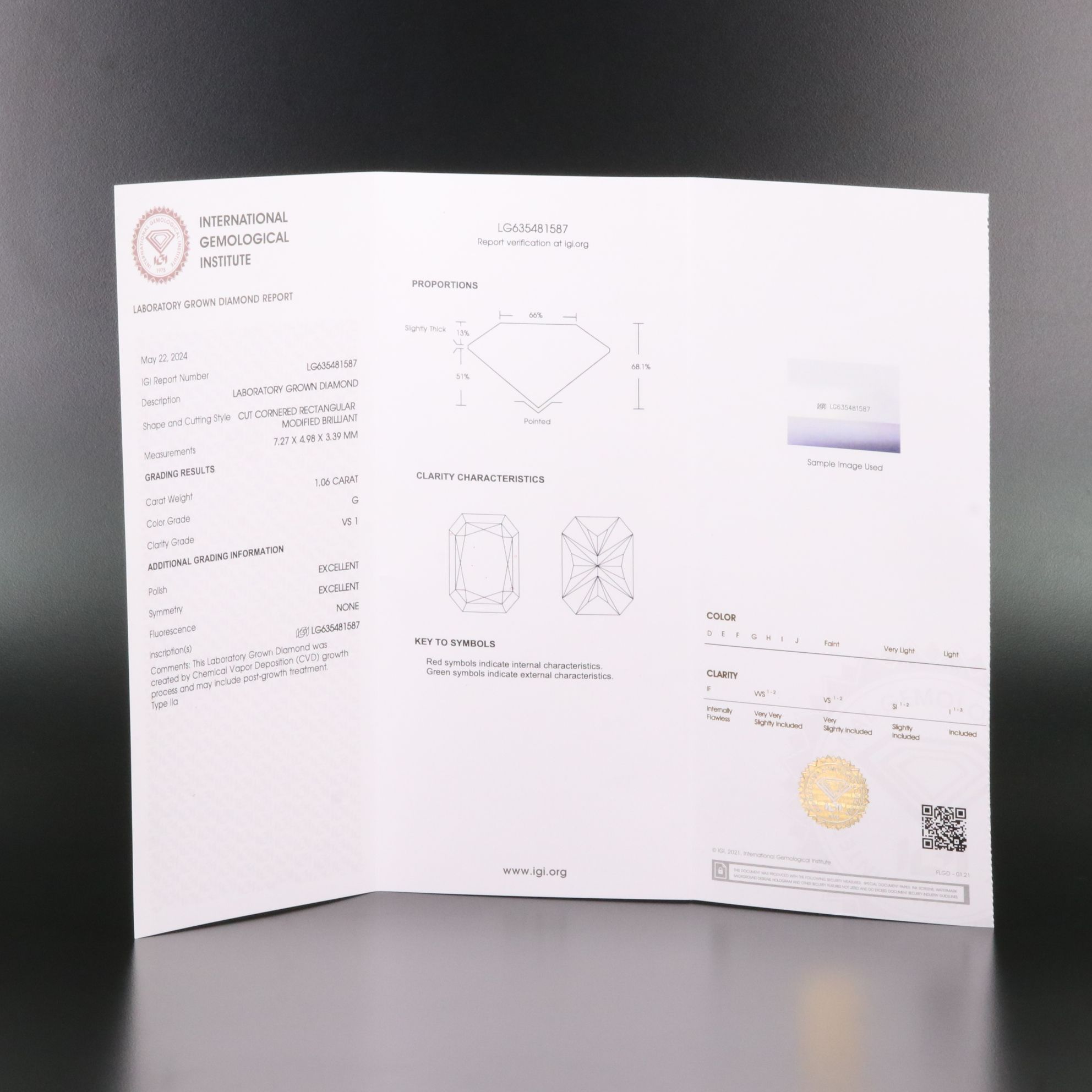 Loose 1.06 CT Lab Grown Diamond with IGI Report