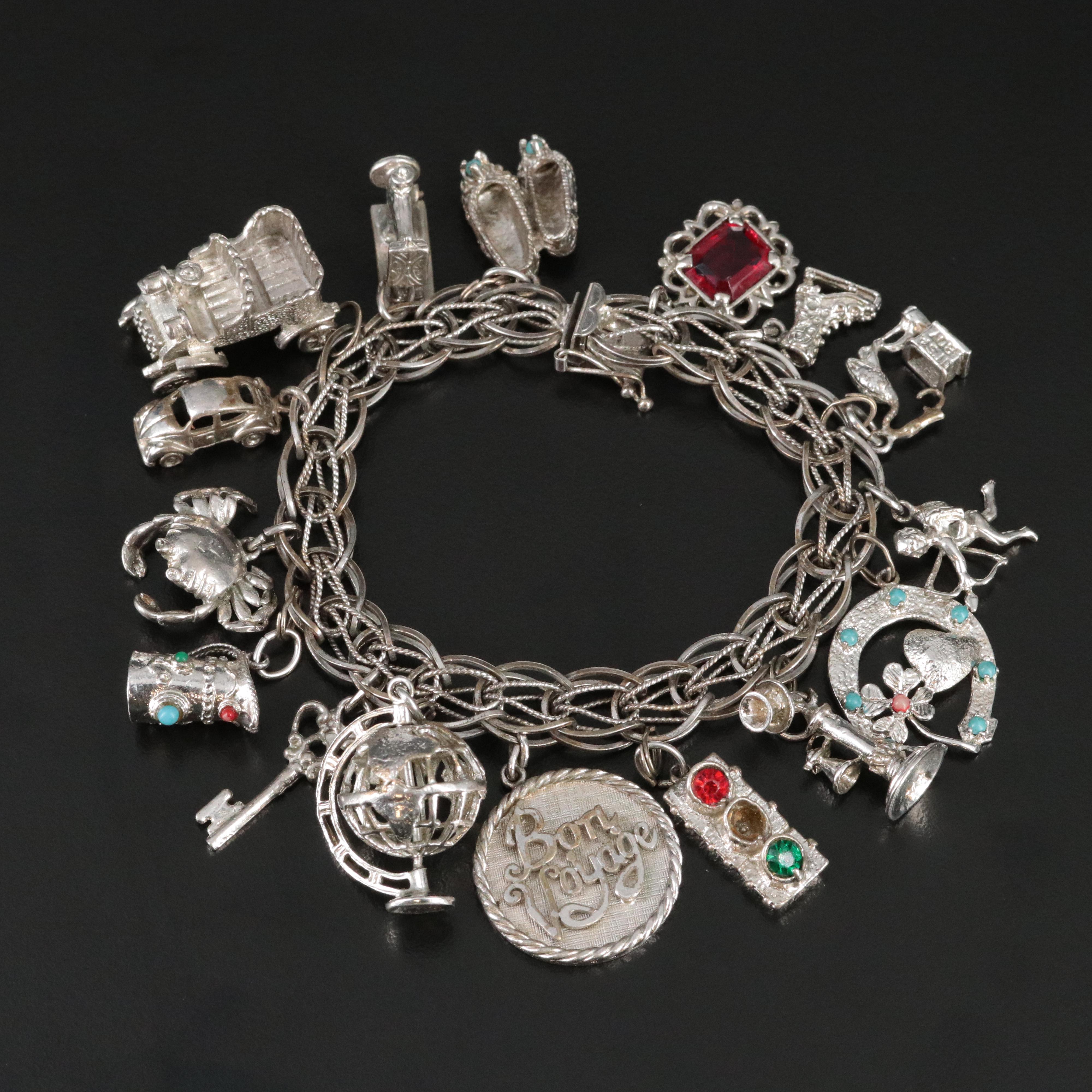 Sterling Bracelet with Ruby Glass and Rhinestone Charms
