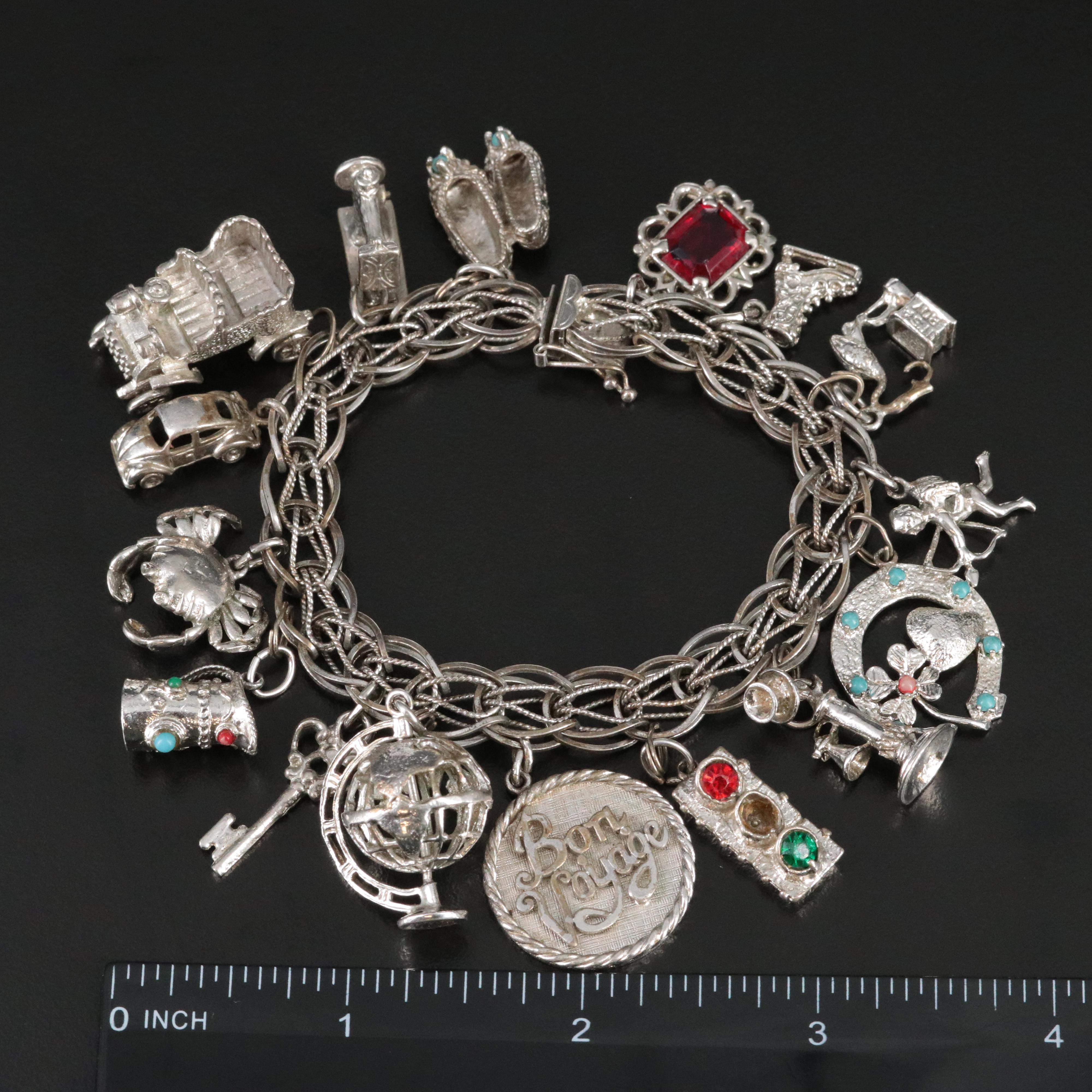Sterling Bracelet with Ruby Glass and Rhinestone Charms