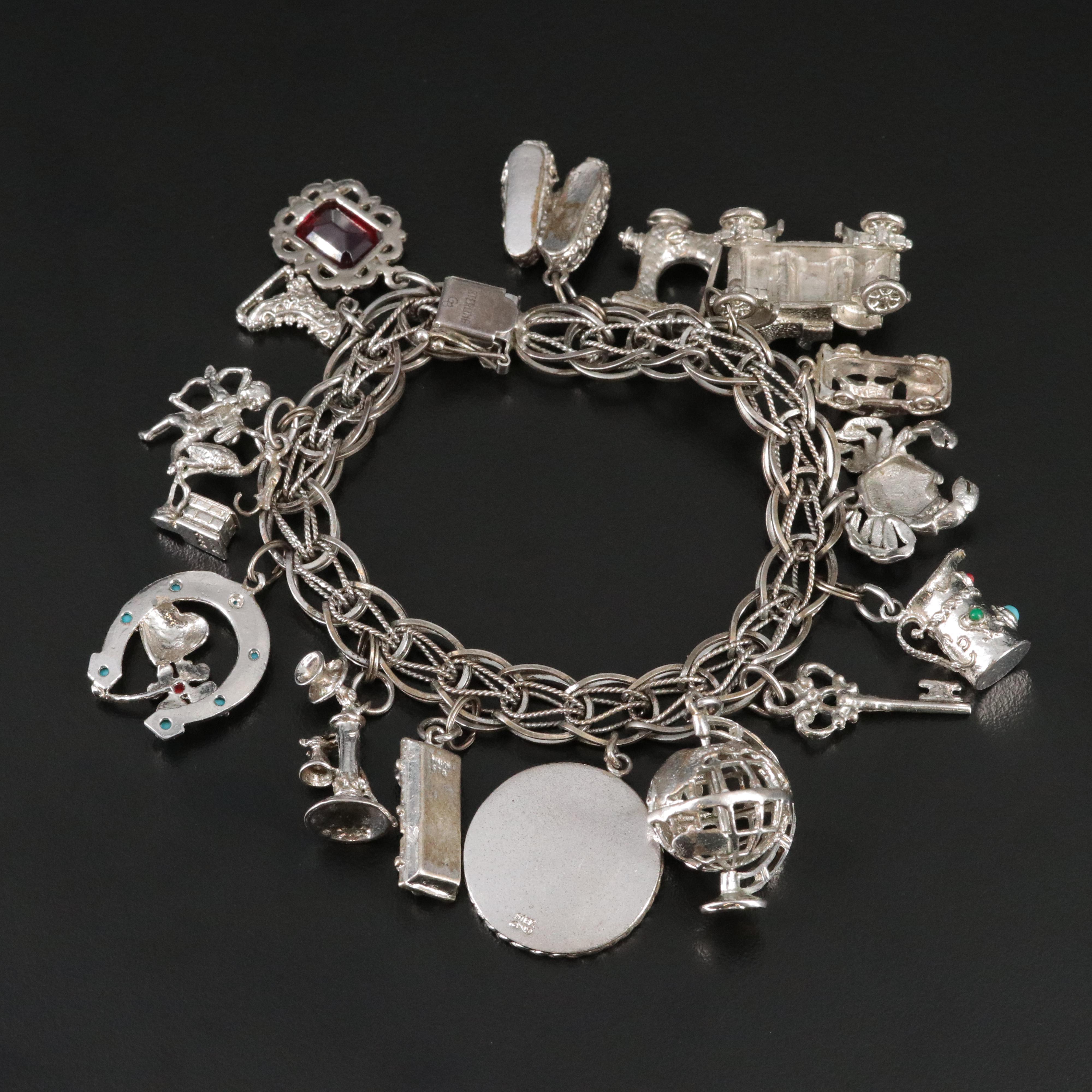 Sterling Bracelet with Ruby Glass and Rhinestone Charms