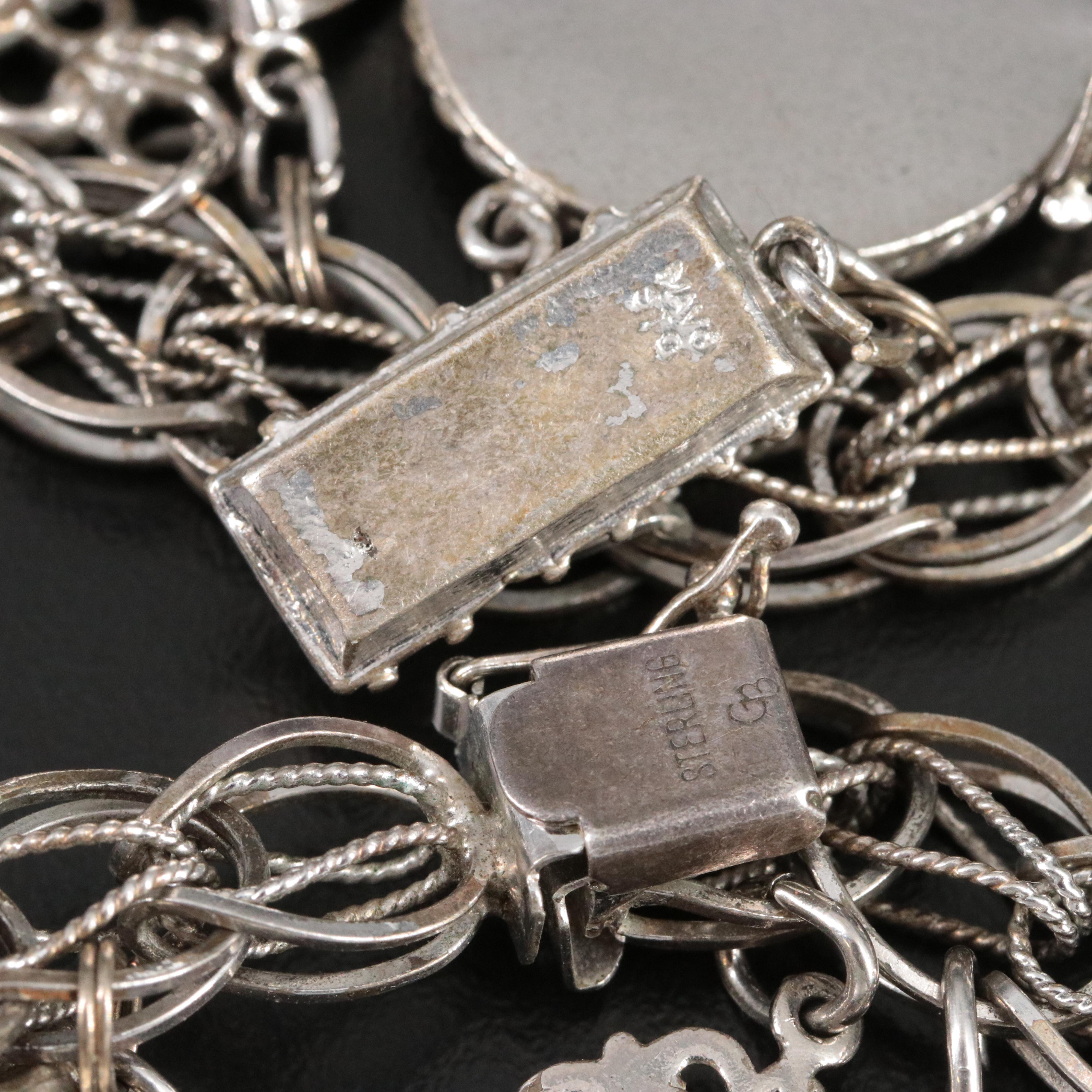 Sterling Bracelet with Ruby Glass and Rhinestone Charms