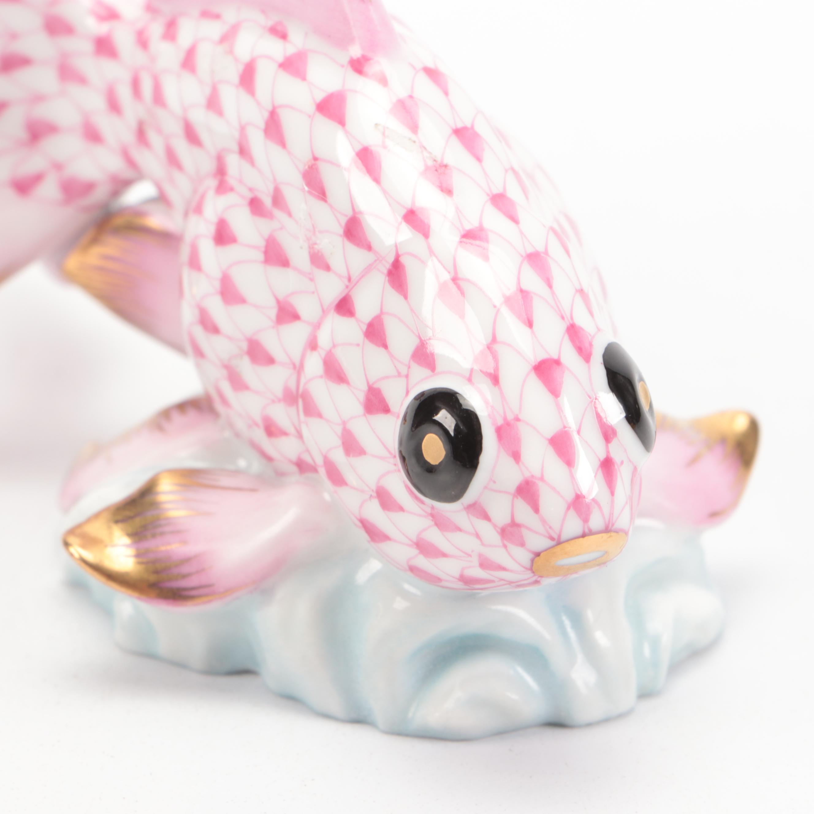 Herend Raspberry Fishnet with Gold "Fantail Goldfish" Porcelain Figurine