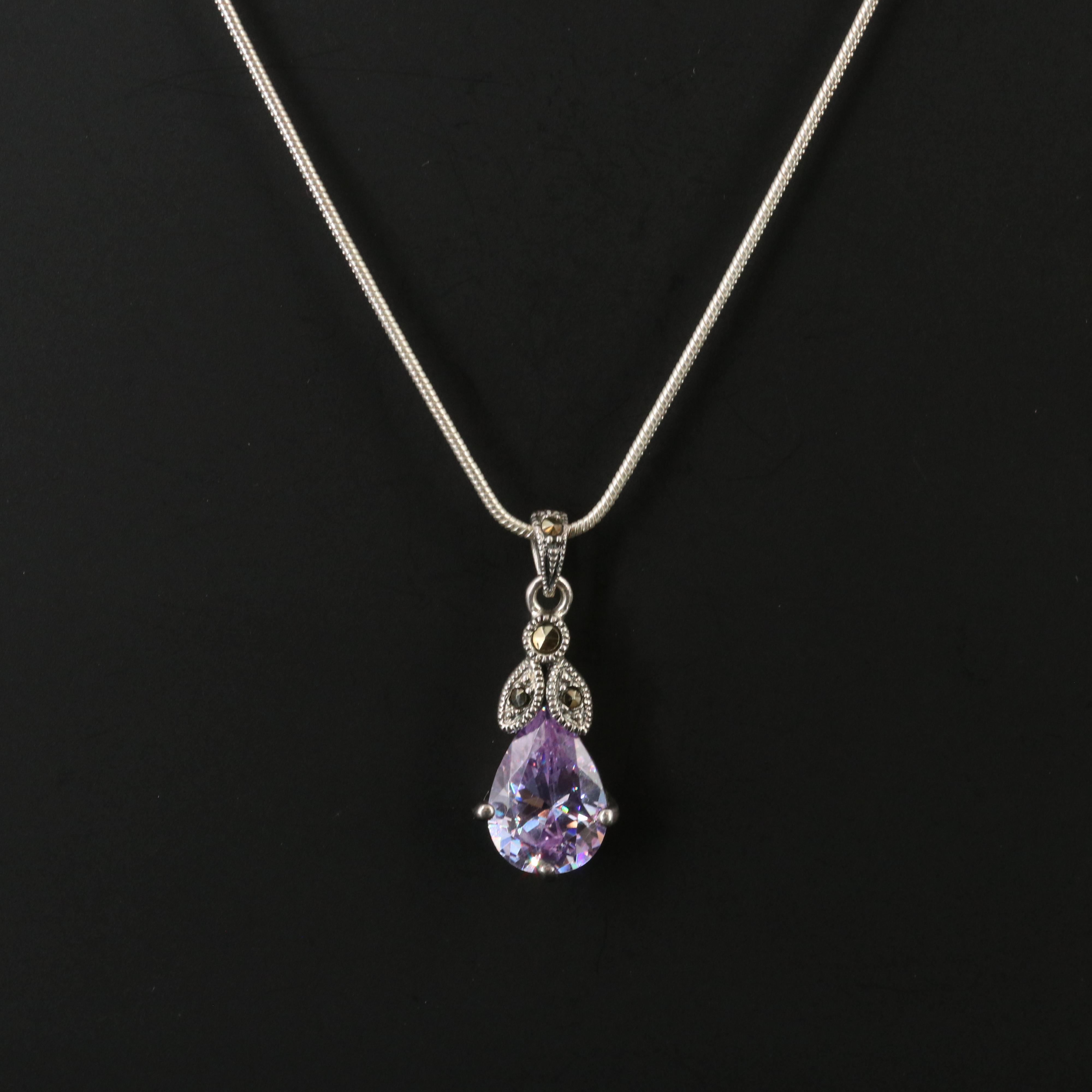 Sterling Cubic Zirconia and Marcasite Drop Pendant Necklace