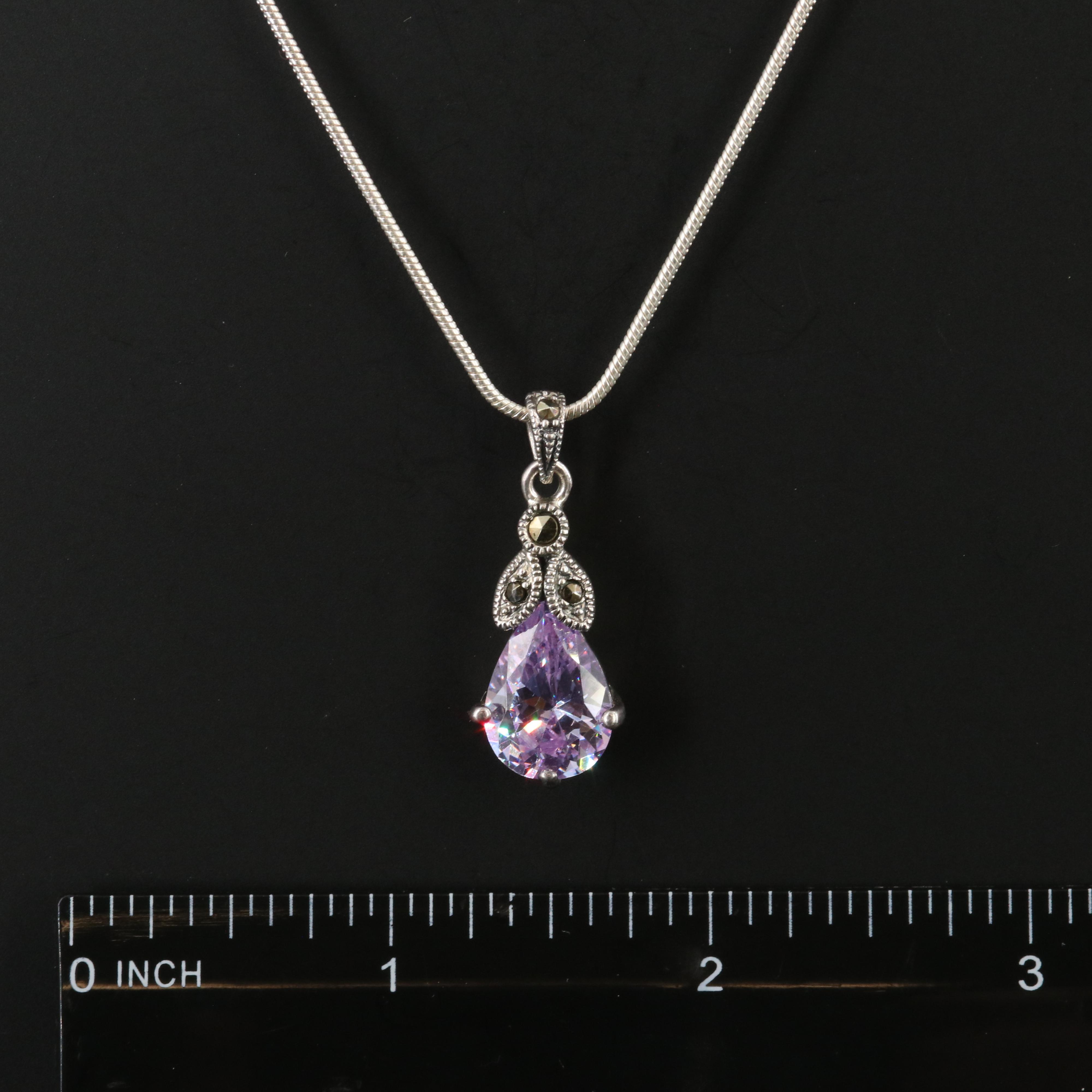 Sterling Cubic Zirconia and Marcasite Drop Pendant Necklace
