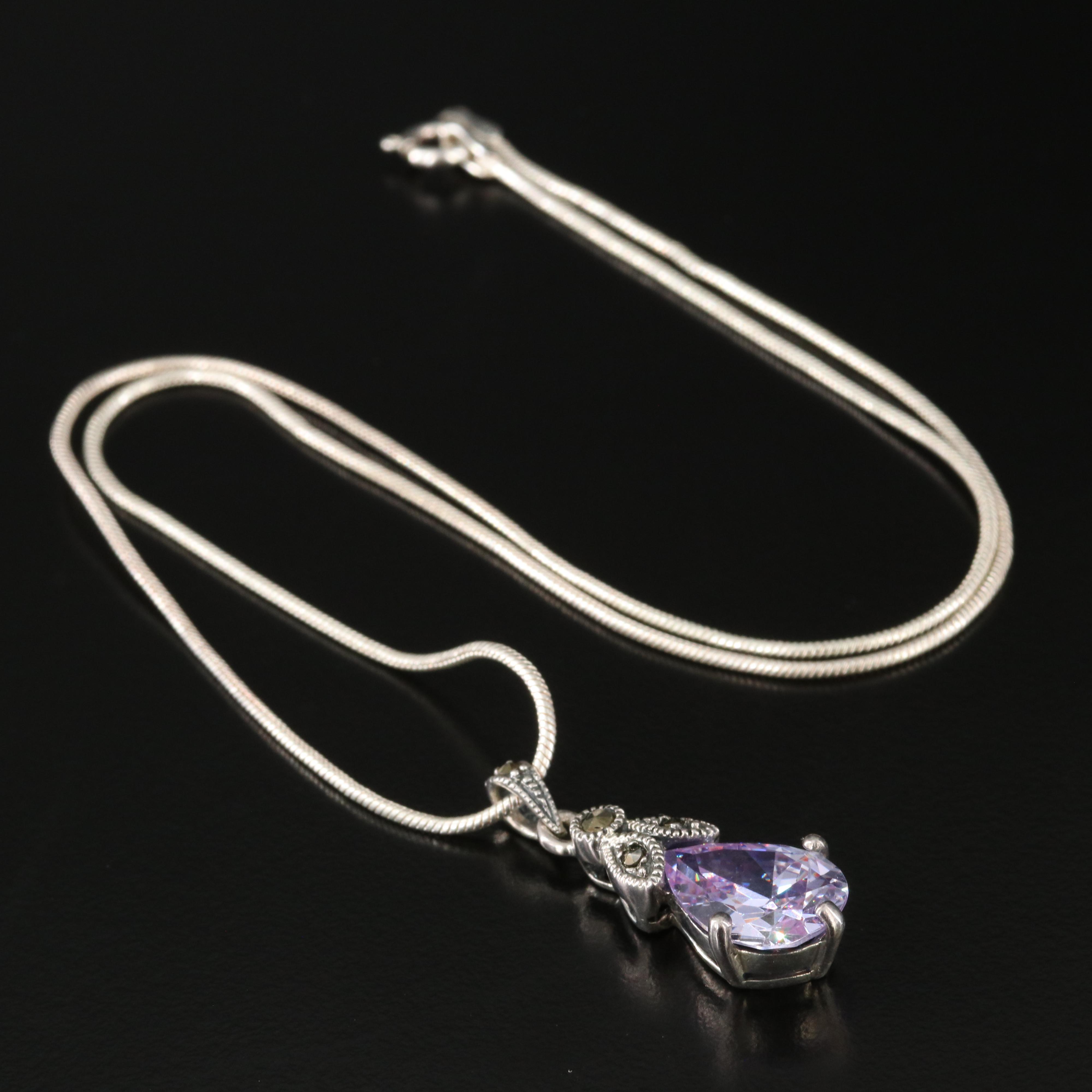 Sterling Cubic Zirconia and Marcasite Drop Pendant Necklace