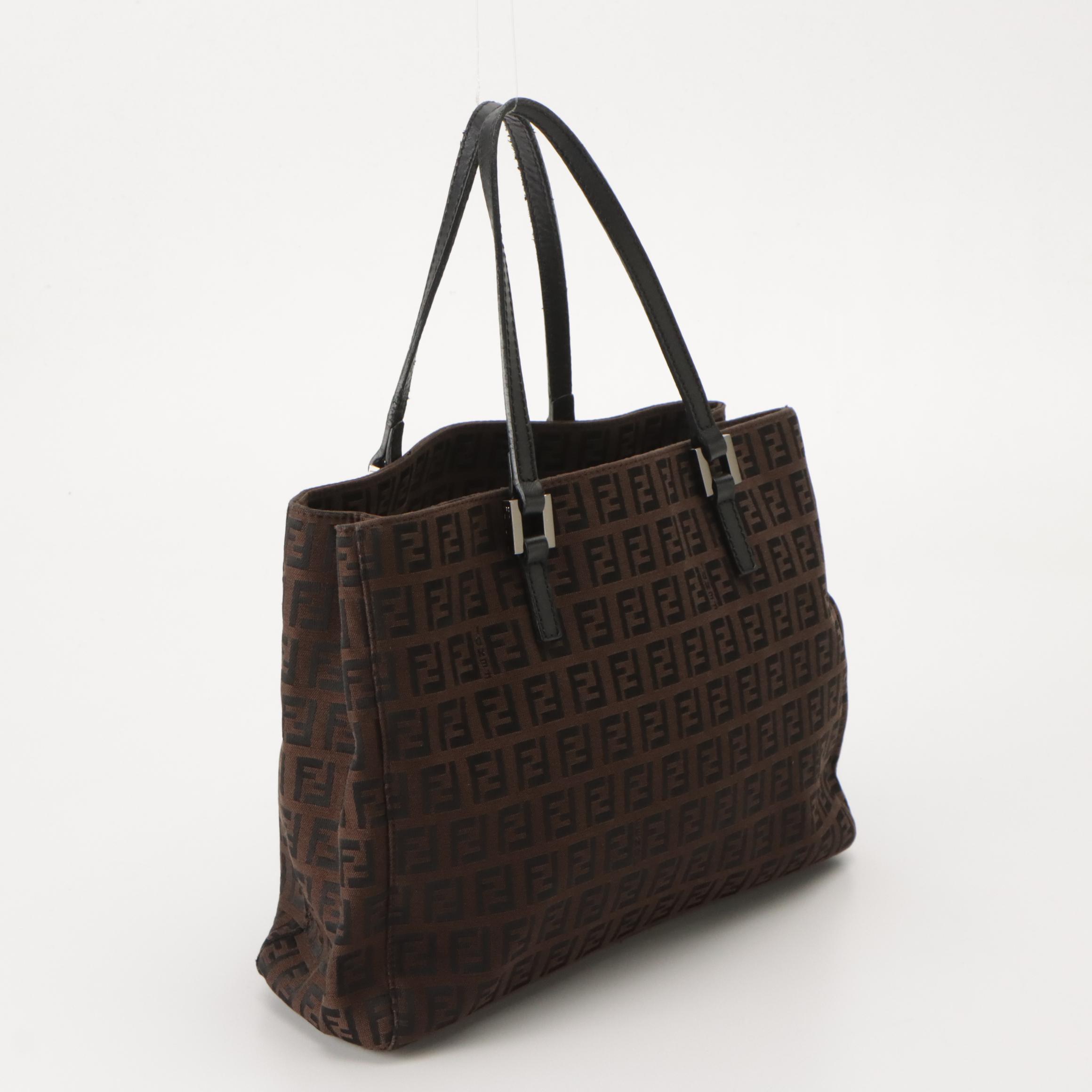 Fendi Small Zucchino Canvas Tote with Brown Leather Handles