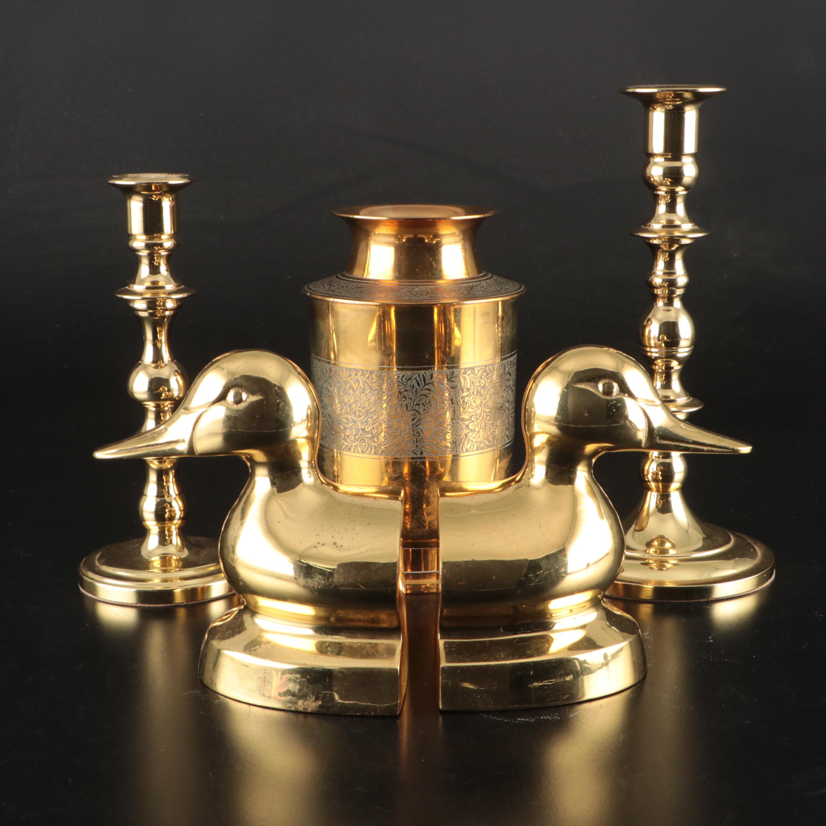 Baldwin Brass Candle Holders, Etched Indian Brass Vase, and Brass Duck Bookends
