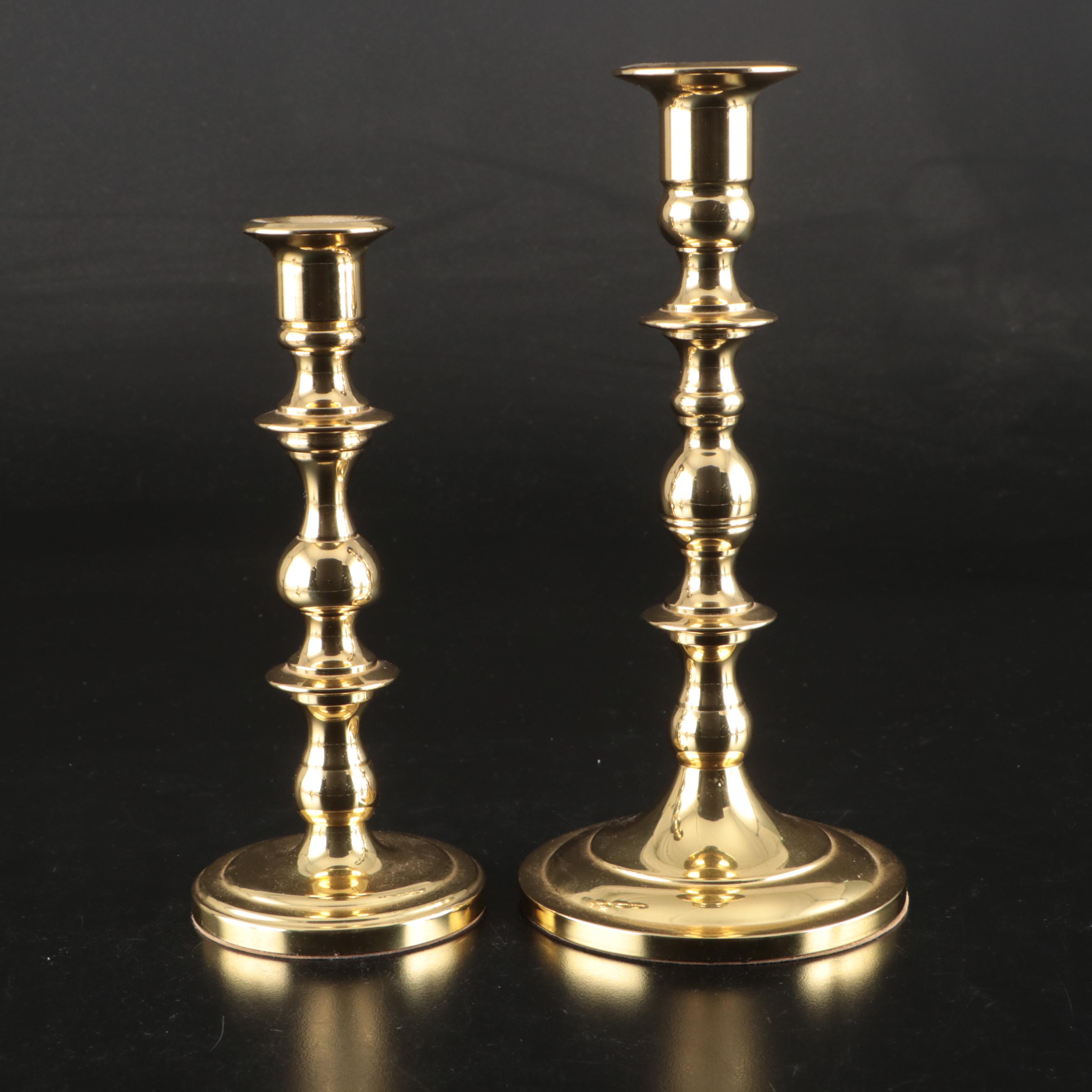 Baldwin Brass Candle Holders, Etched Indian Brass Vase, and Brass Duck Bookends