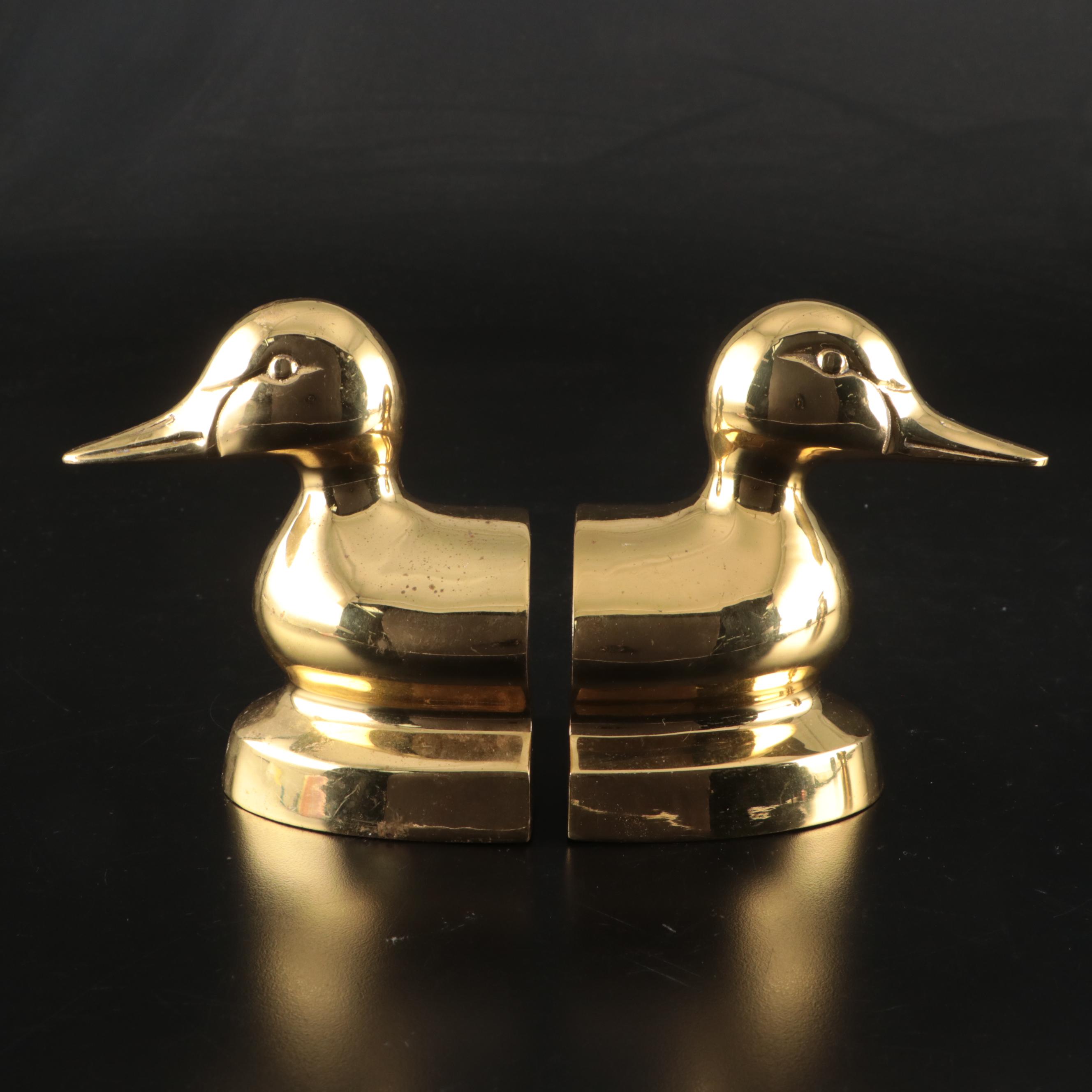 Baldwin Brass Candle Holders, Etched Indian Brass Vase, and Brass Duck Bookends