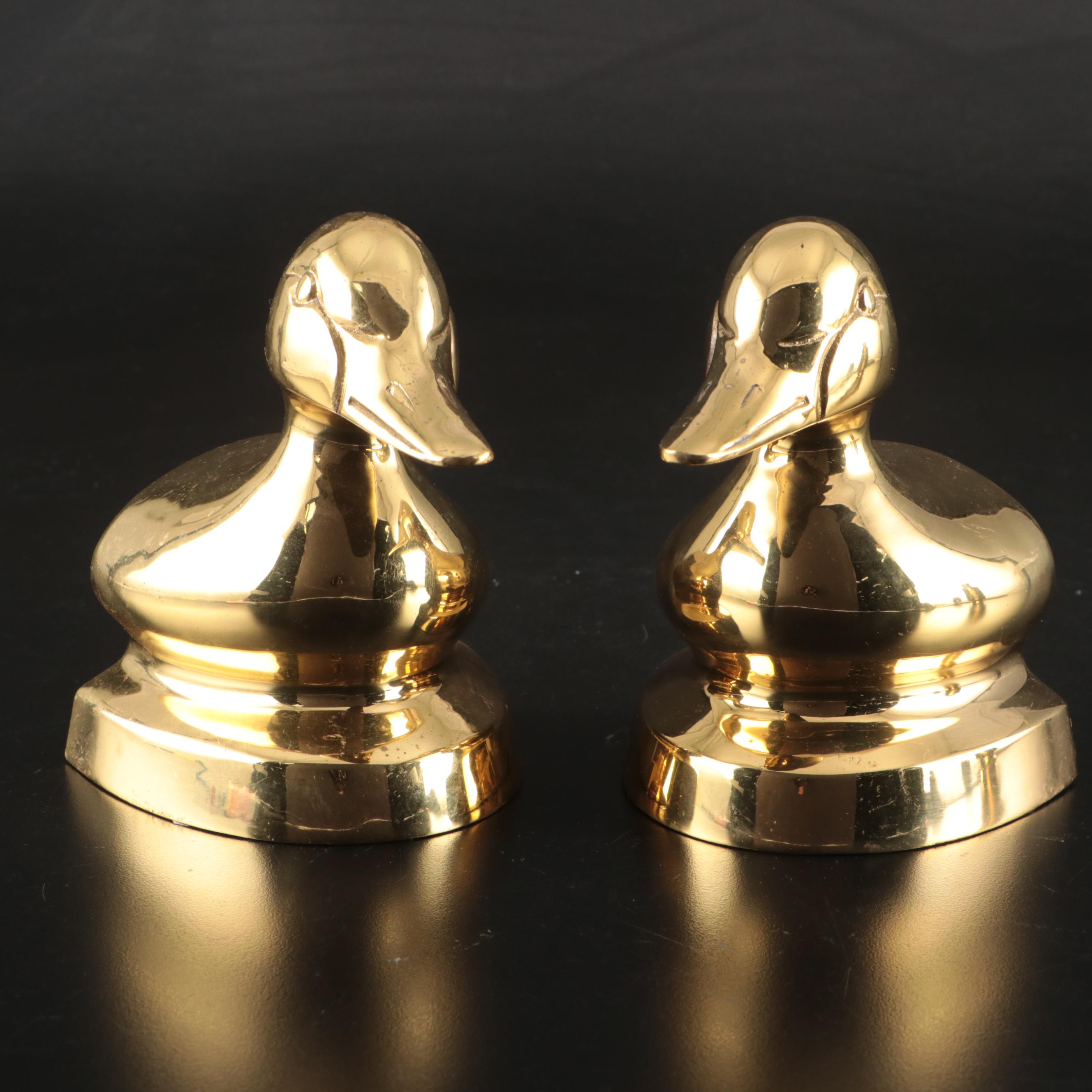 Baldwin Brass Candle Holders, Etched Indian Brass Vase, and Brass Duck Bookends