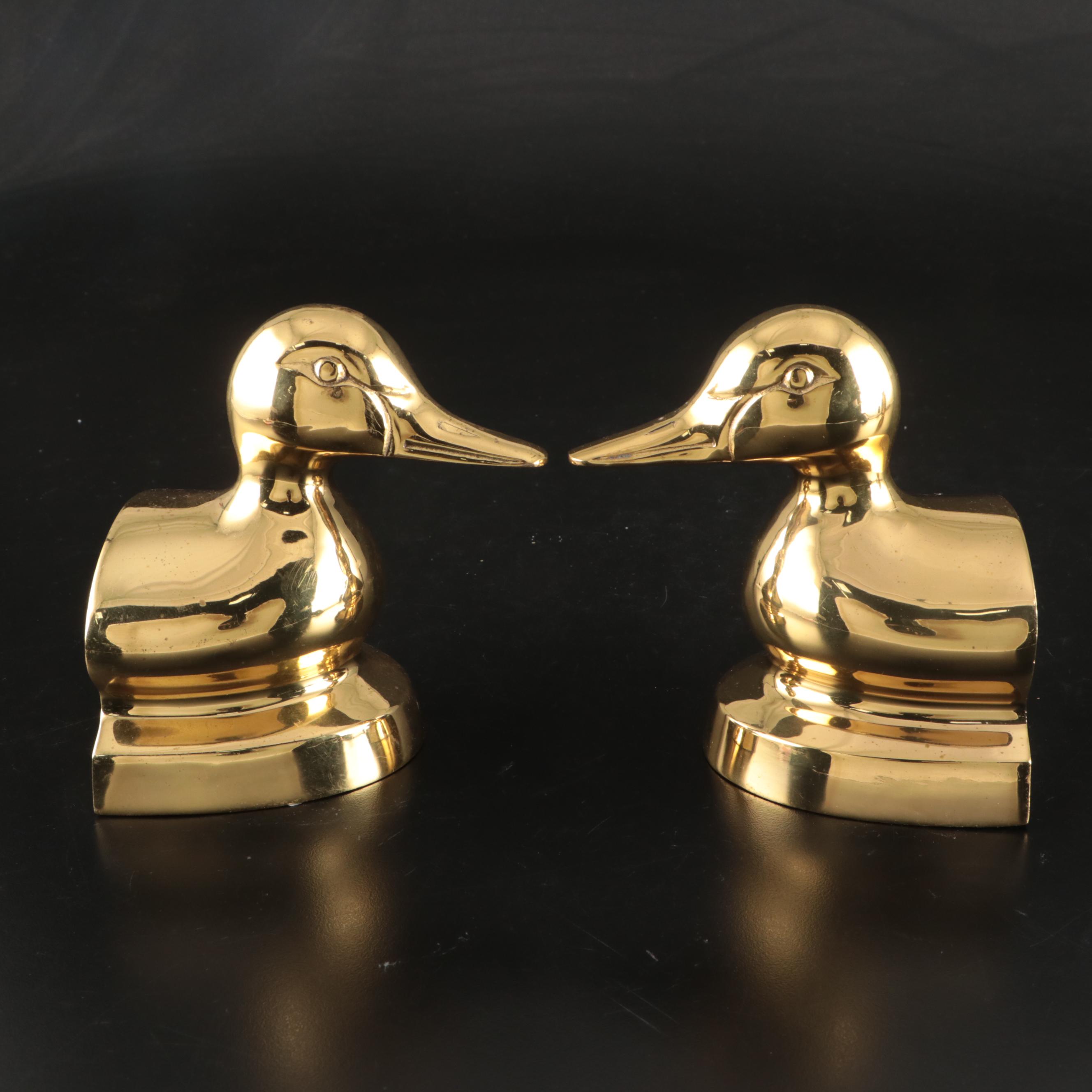 Baldwin Brass Candle Holders, Etched Indian Brass Vase, and Brass Duck Bookends