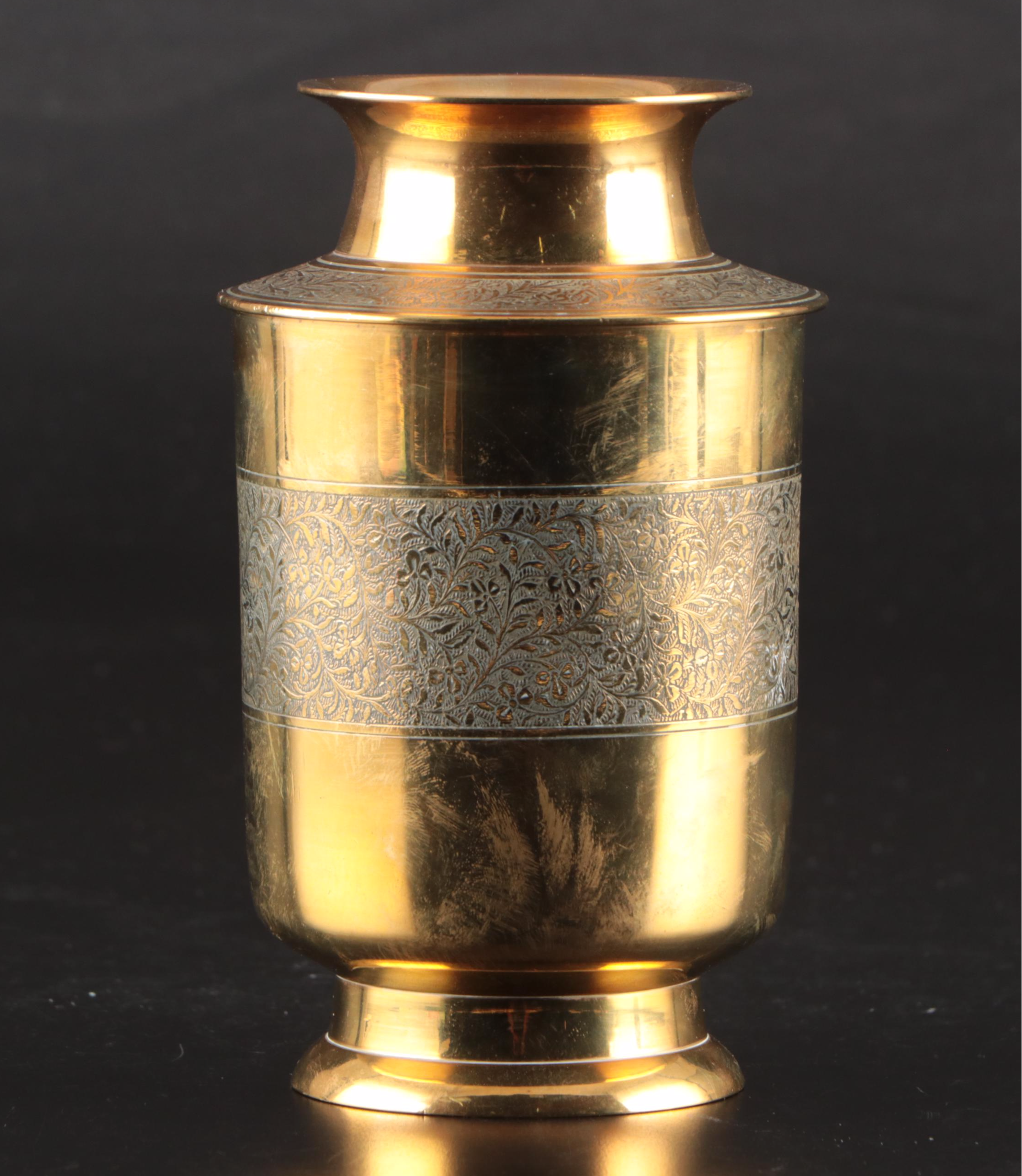 Baldwin Brass Candle Holders, Etched Indian Brass Vase, and Brass Duck Bookends