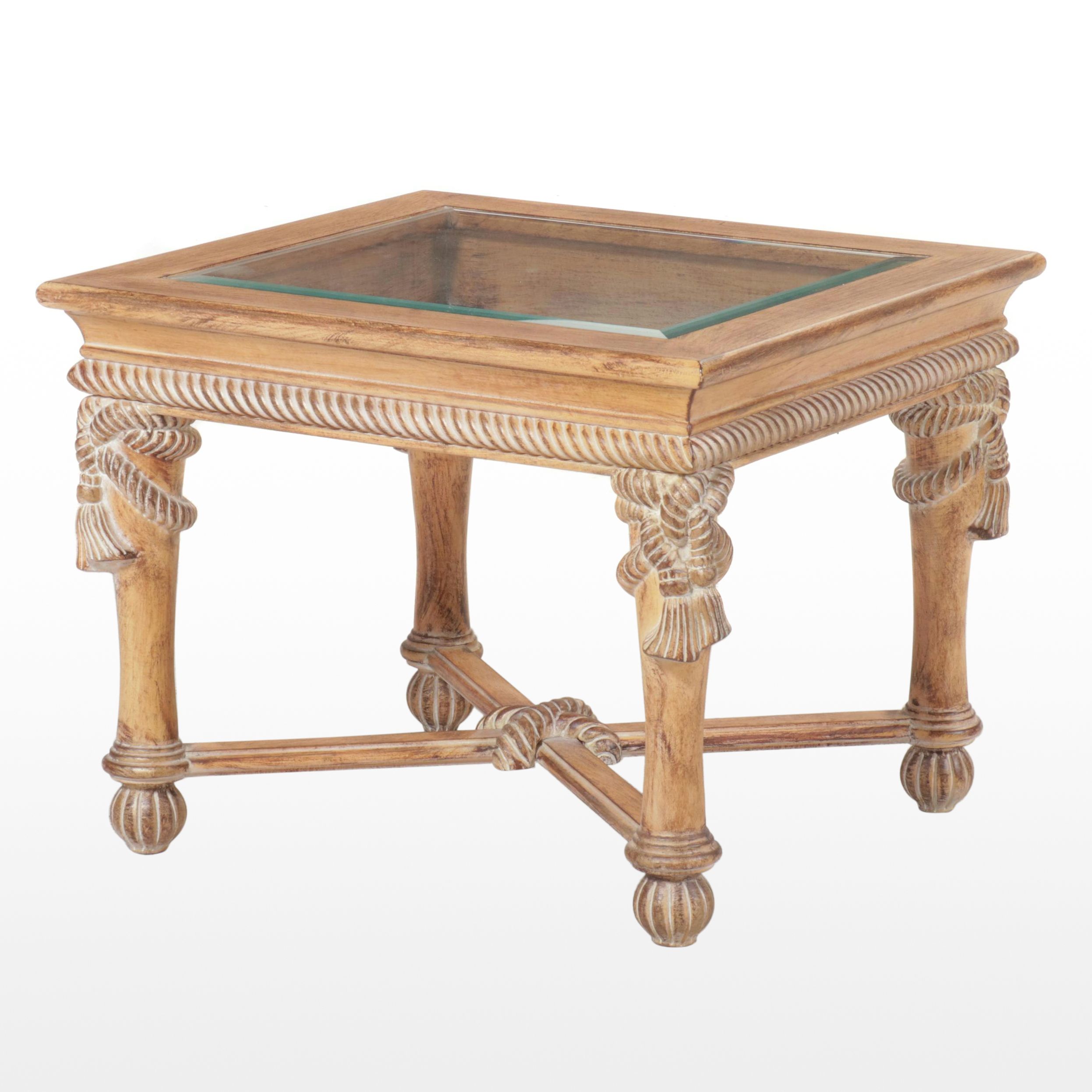 Neoclassical Style Carved Wood and Glass Side Table