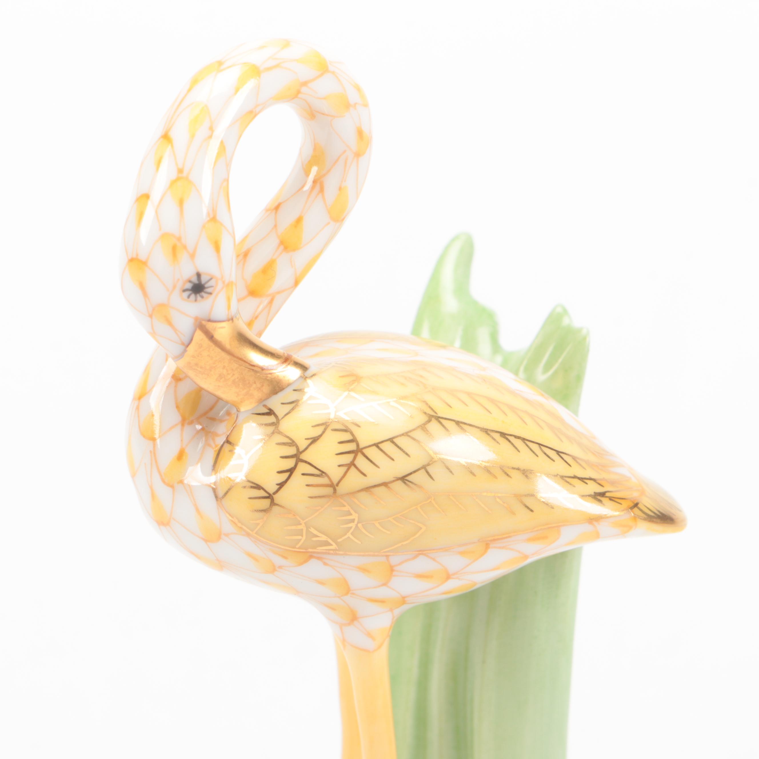 Herend Butterscotch Fishnet with Gold "Little Flamingo" Porcelain Figurine