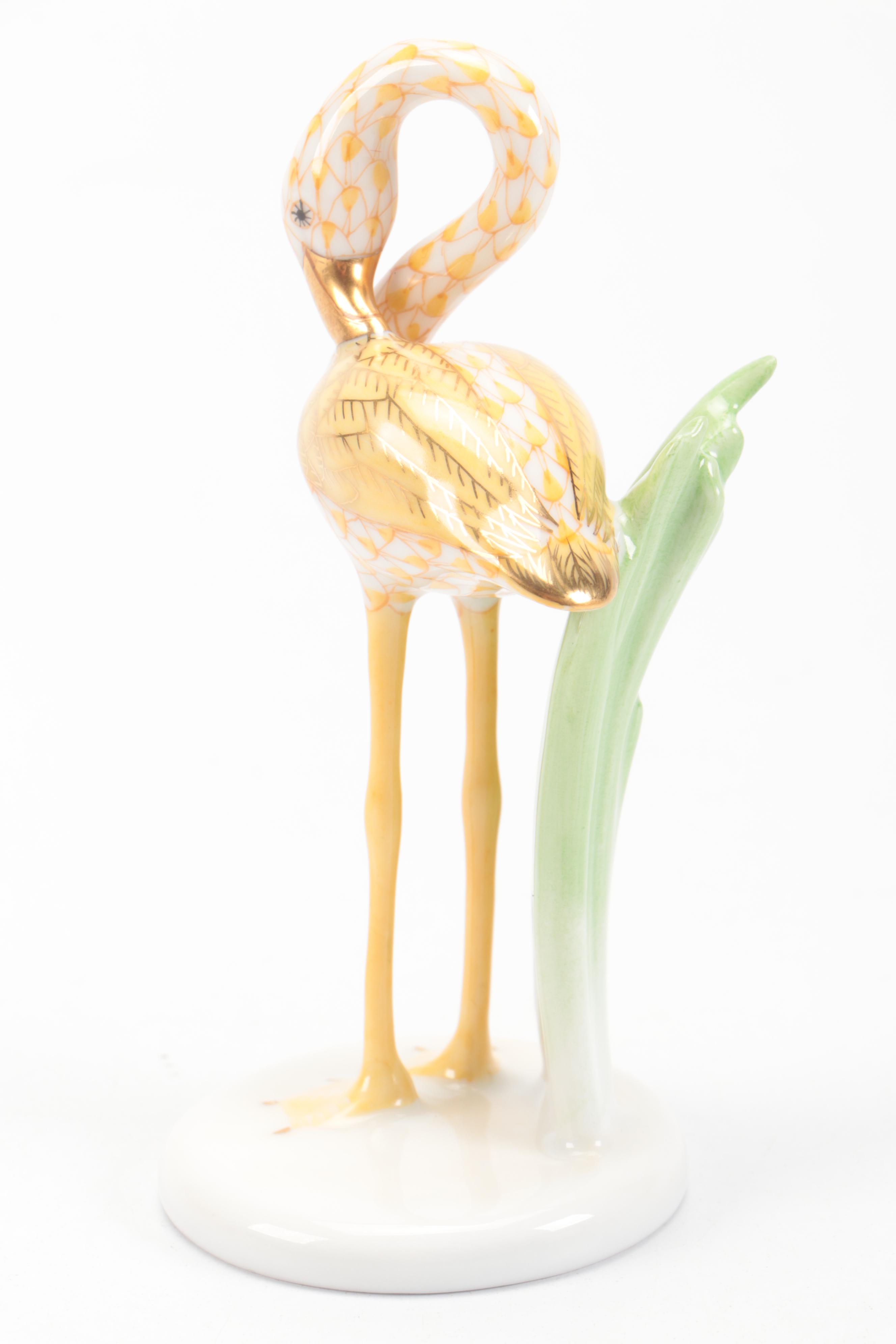 Herend Butterscotch Fishnet with Gold "Little Flamingo" Porcelain Figurine