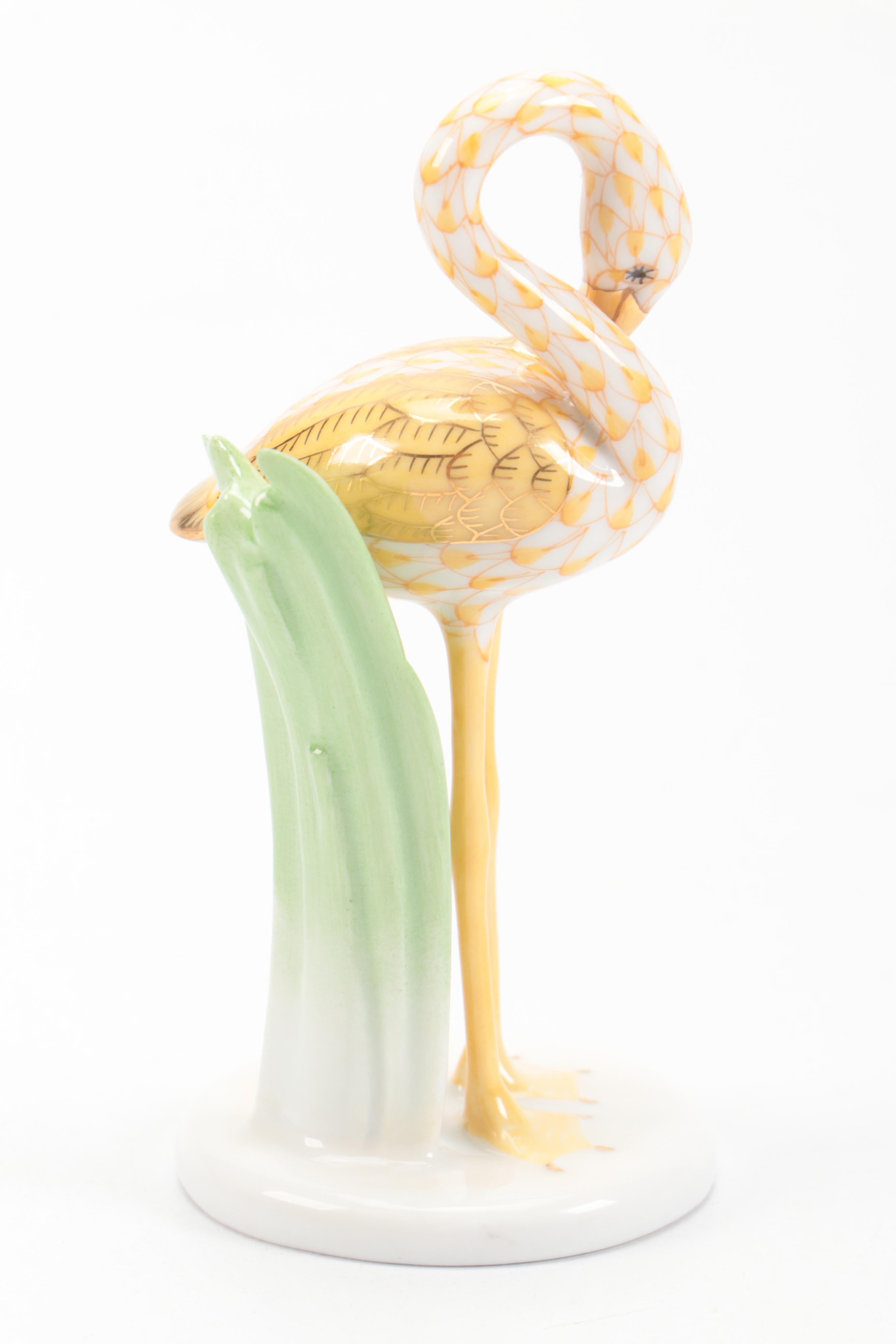 Herend Butterscotch Fishnet with Gold "Little Flamingo" Porcelain Figurine