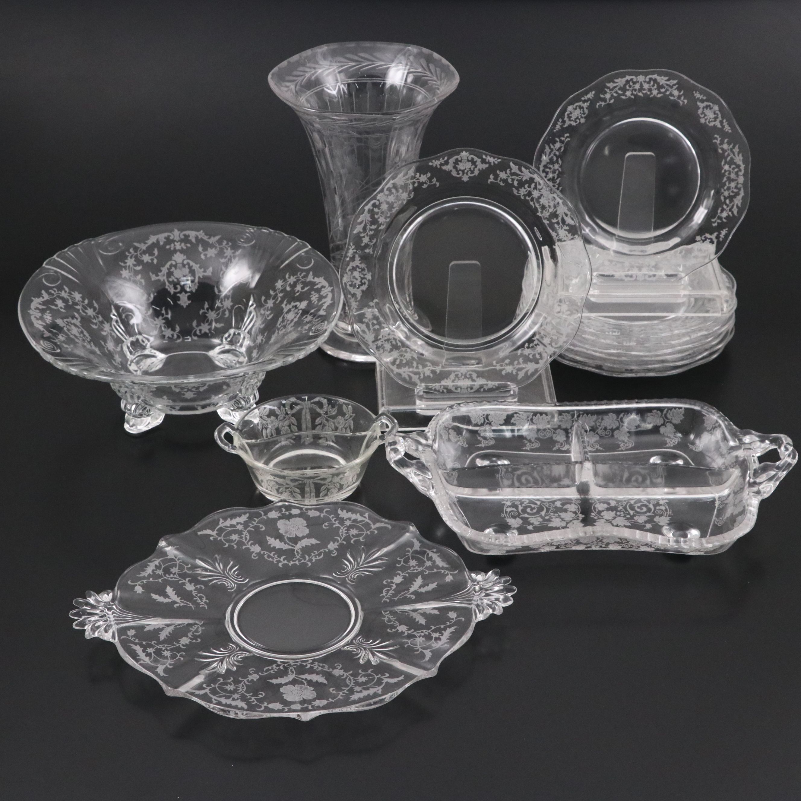Etched Floral and Laurel Crystal Glass Tableware