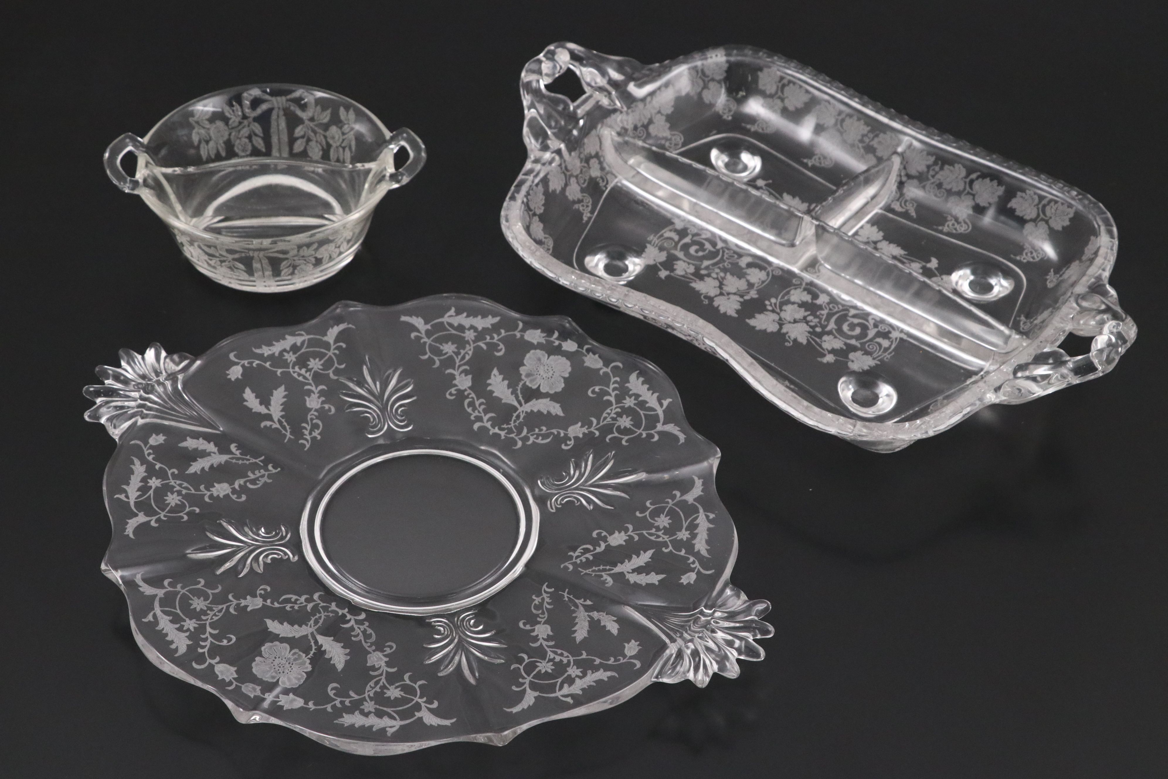 Etched Floral and Laurel Crystal Glass Tableware