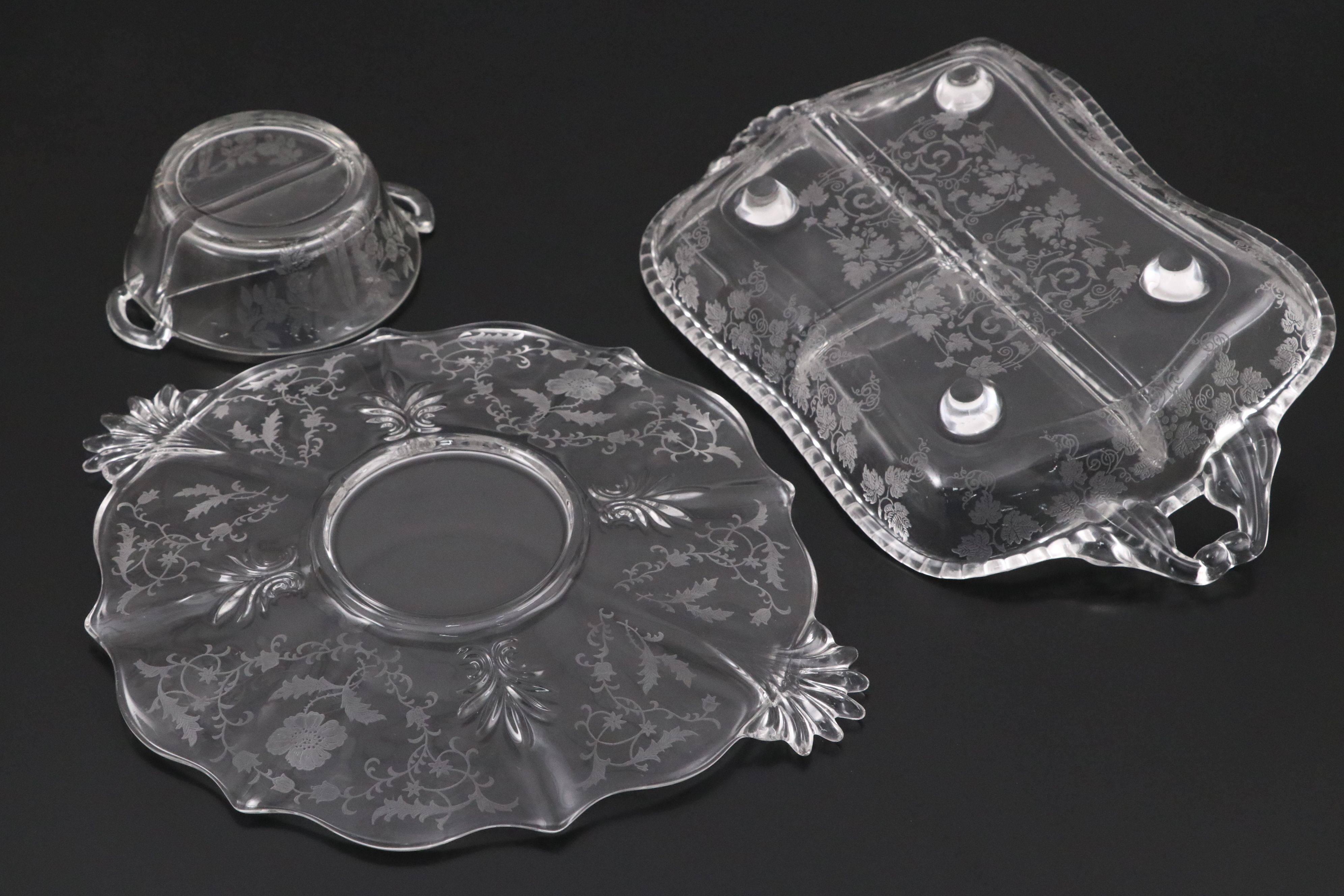 Etched Floral and Laurel Crystal Glass Tableware