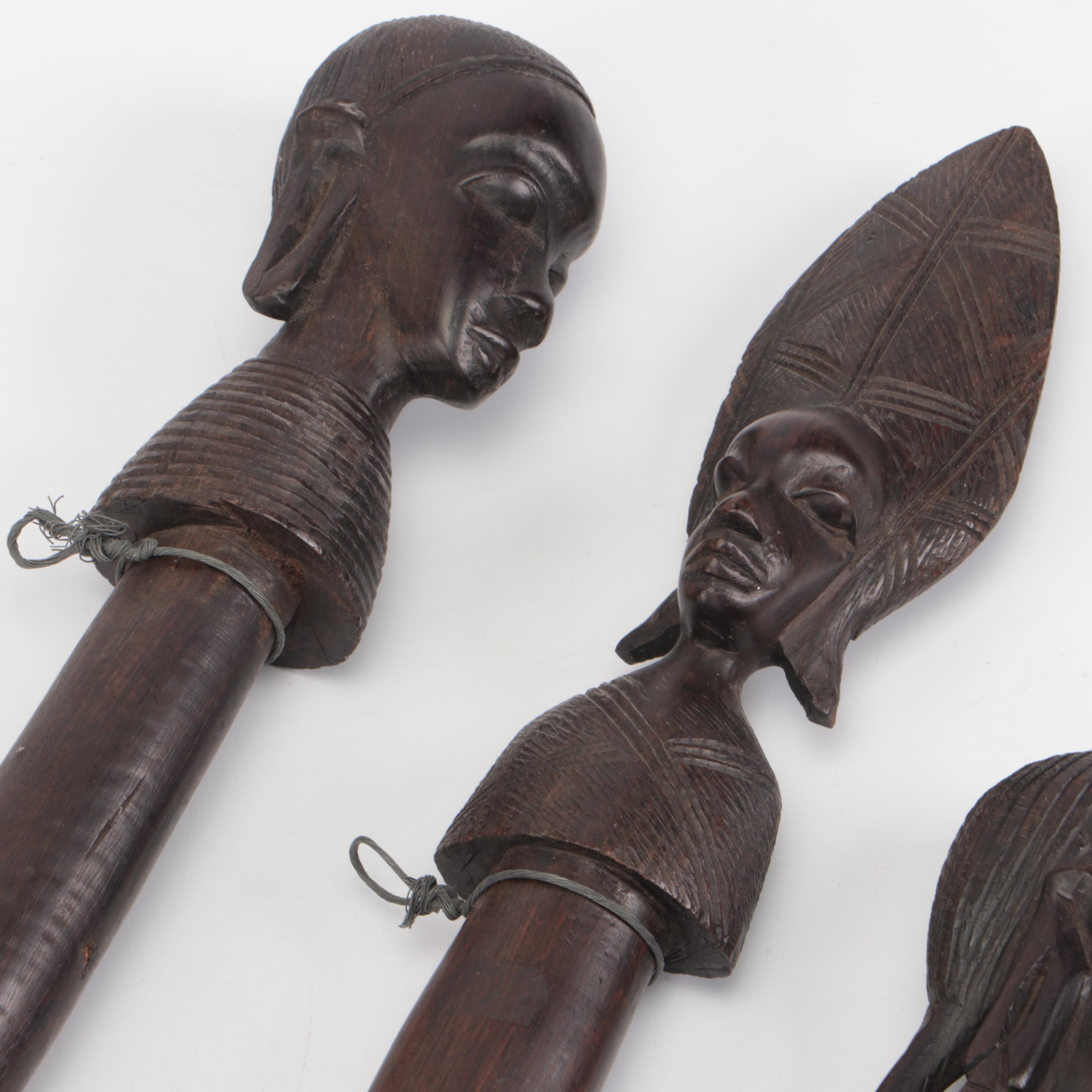 African Carved Wood Machete, Spears, and Dagger with Figural Head Handles