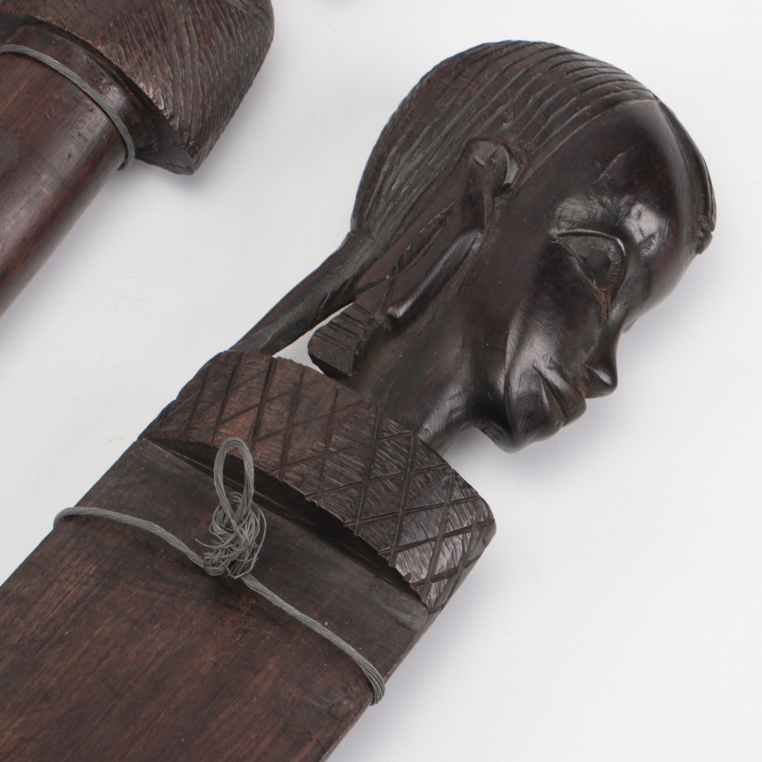 African Carved Wood Machete, Spears, and Dagger with Figural Head Handles
