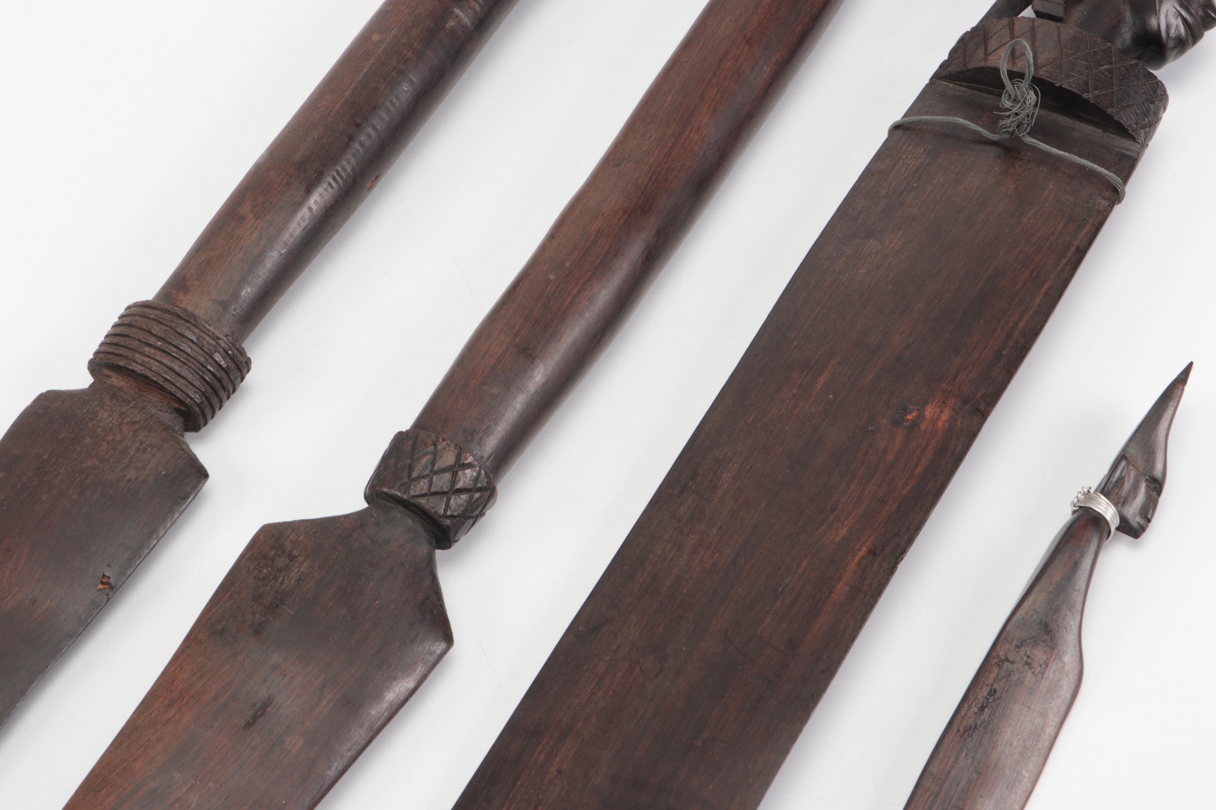 African Carved Wood Machete, Spears, and Dagger with Figural Head Handles