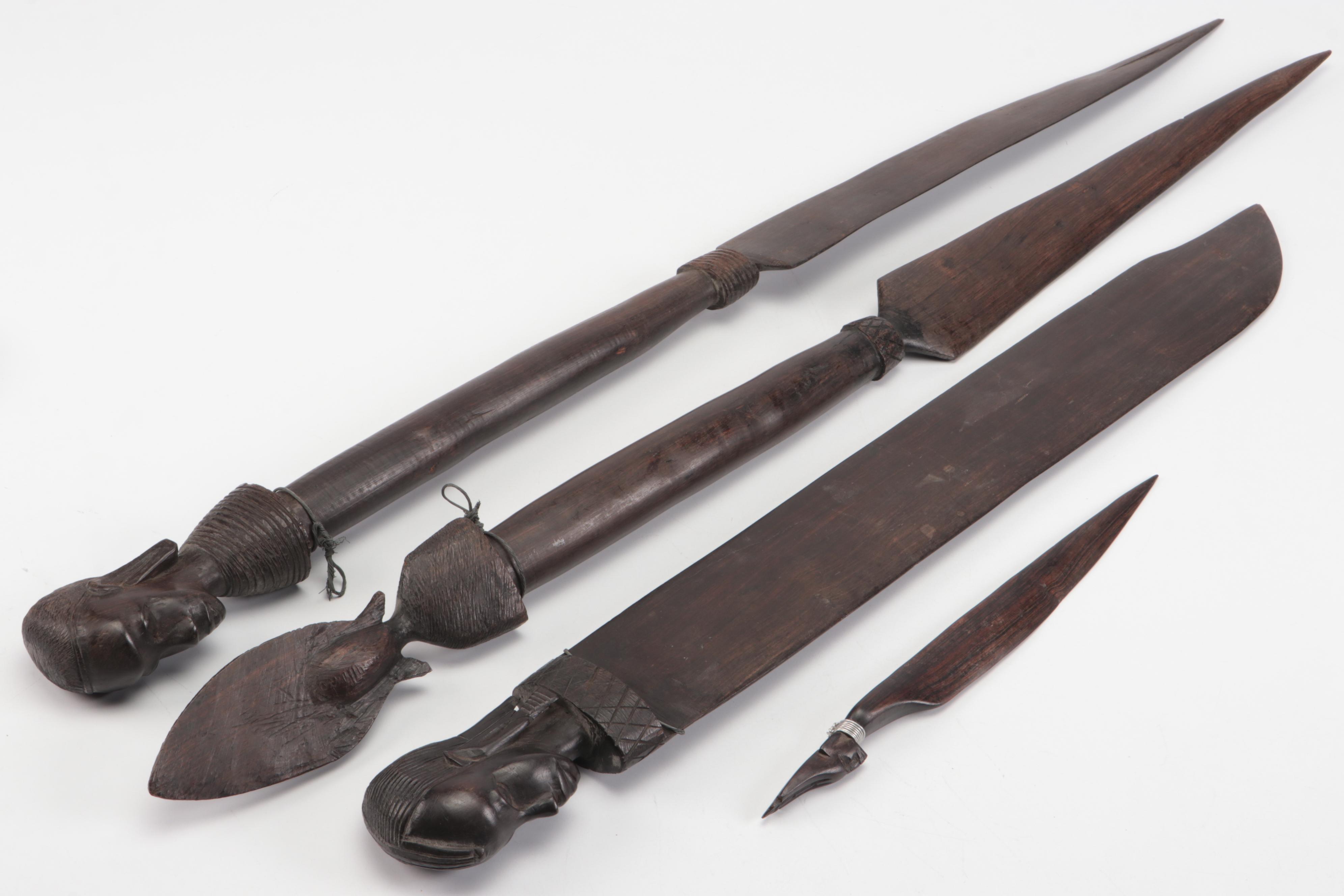 African Carved Wood Machete, Spears, and Dagger with Figural Head Handles