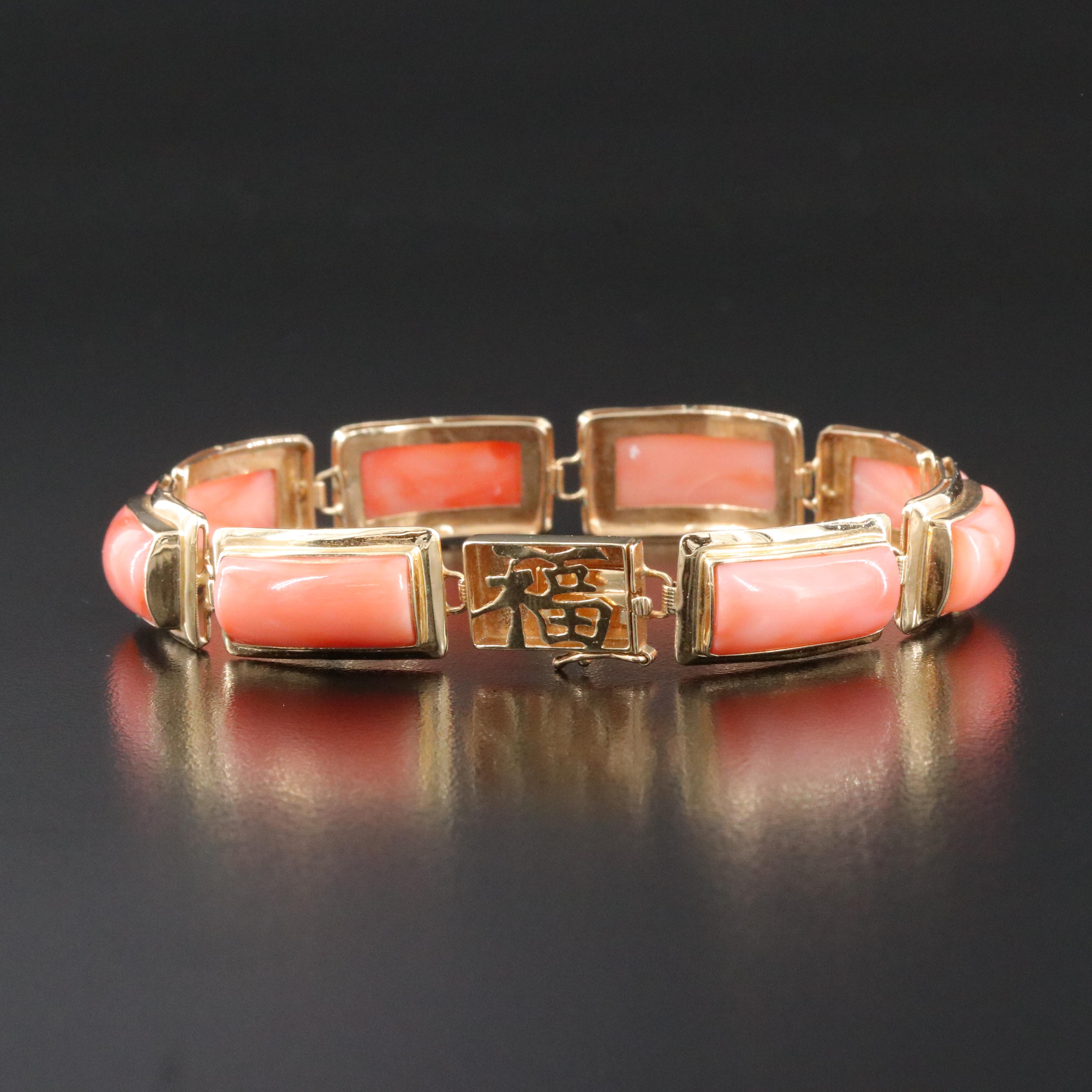 14K Coral Bracelet with Chinese Good Fortune Clasp