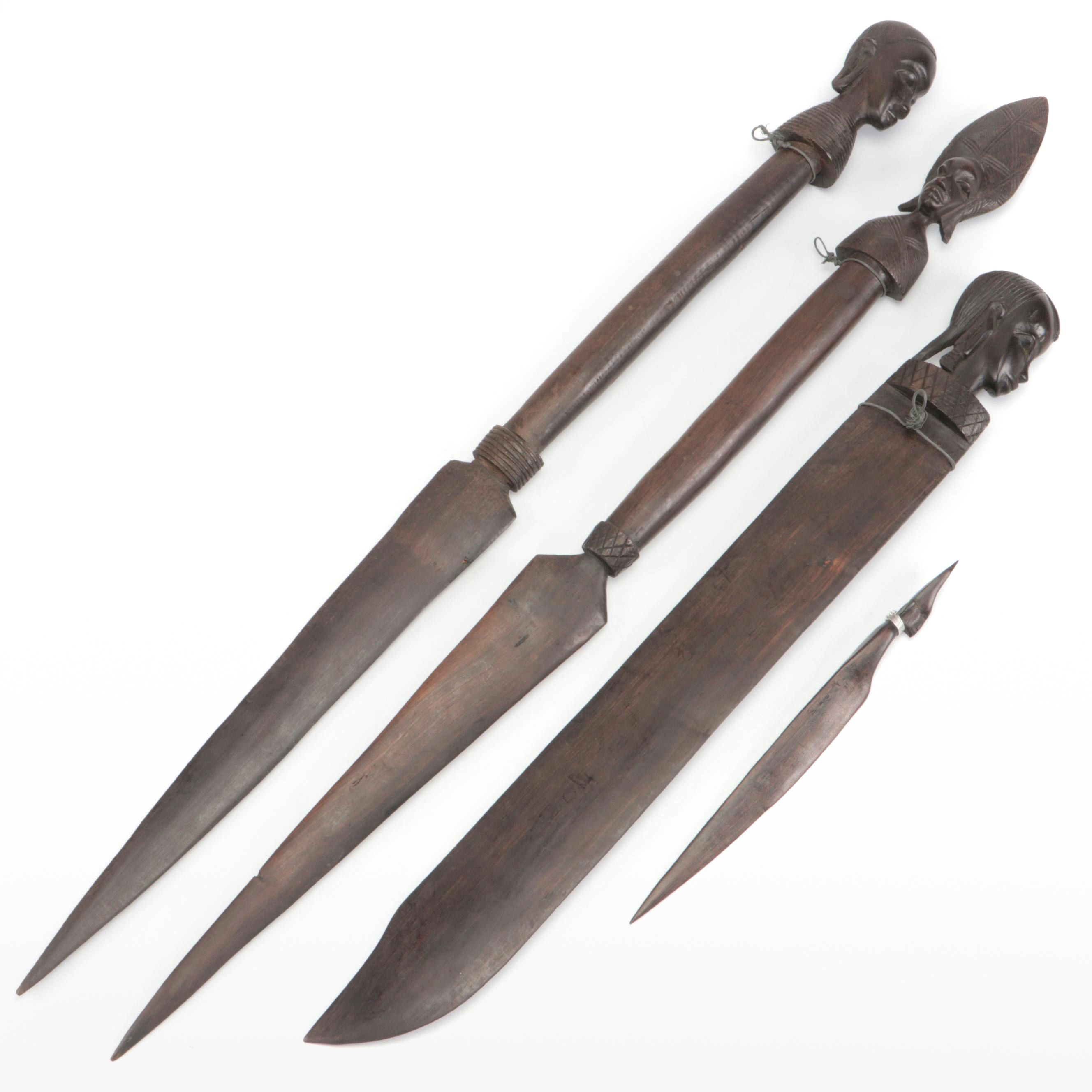 African Carved Wood Machete, Spears, and Dagger with Figural Head Handles