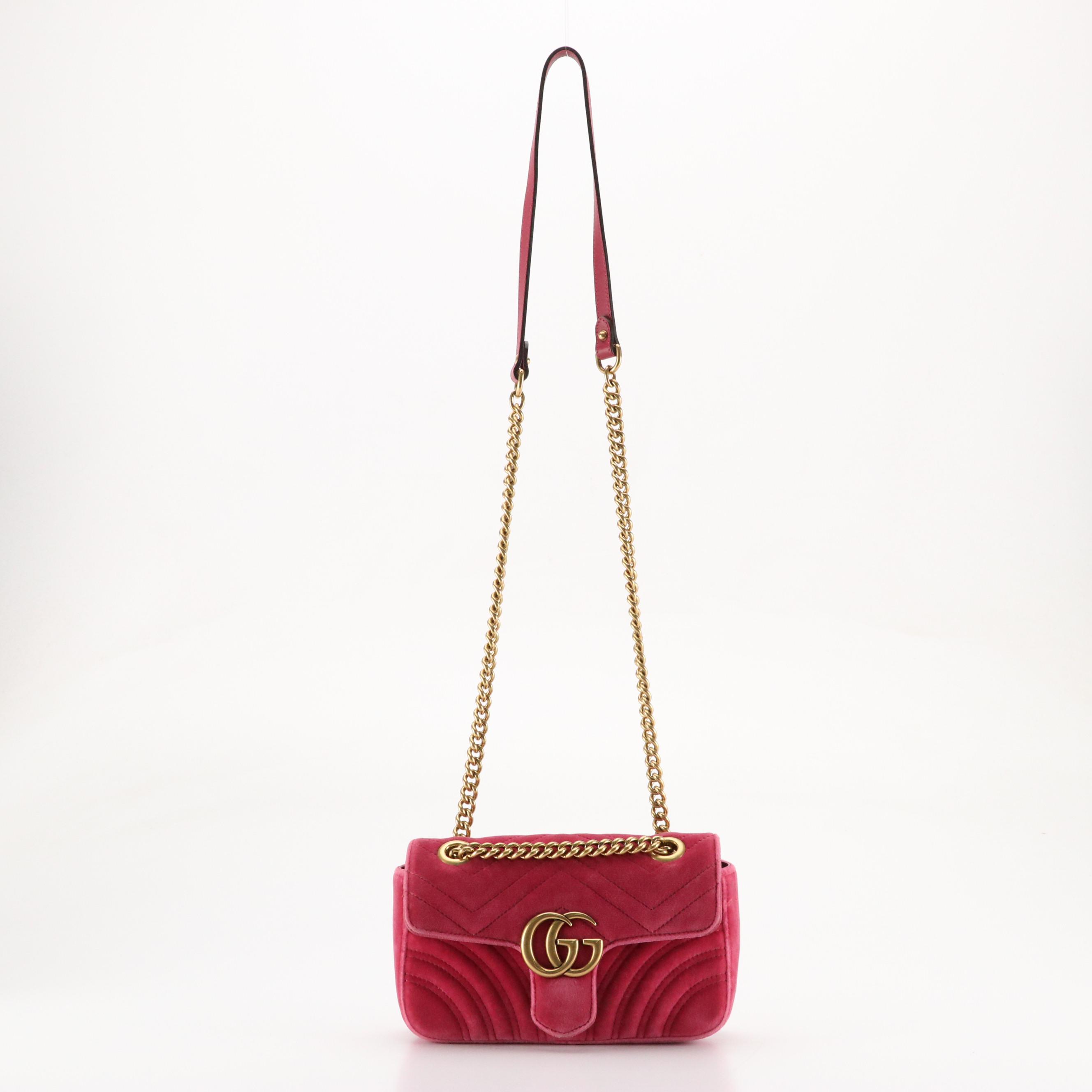 Gucci GG Marmont Shoulder Bag in Magenta Matelassé Velvet and Leather
