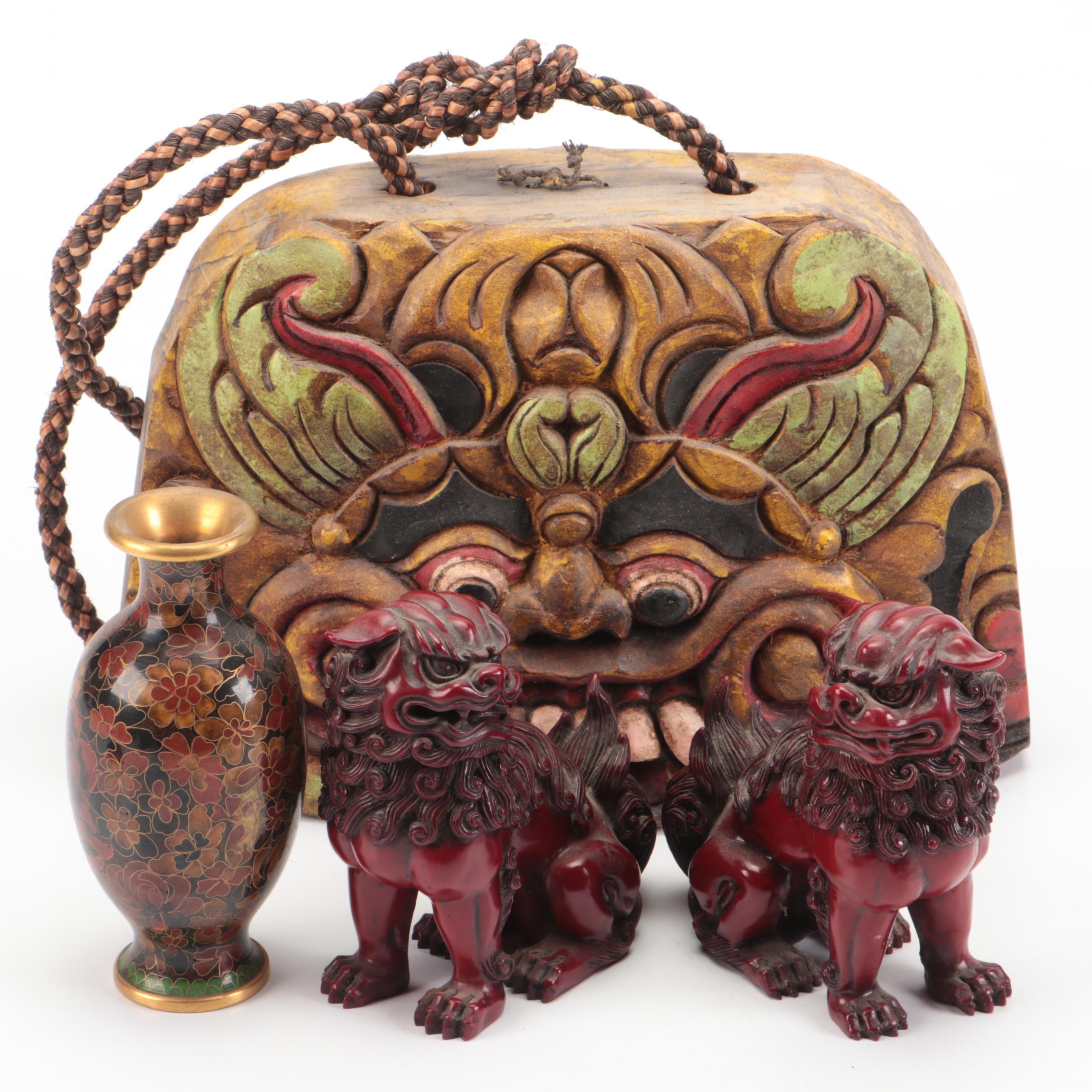 Chinese Carved Wood Guardian Lion Bell and Figures with Ceramic Cloisonné Vase