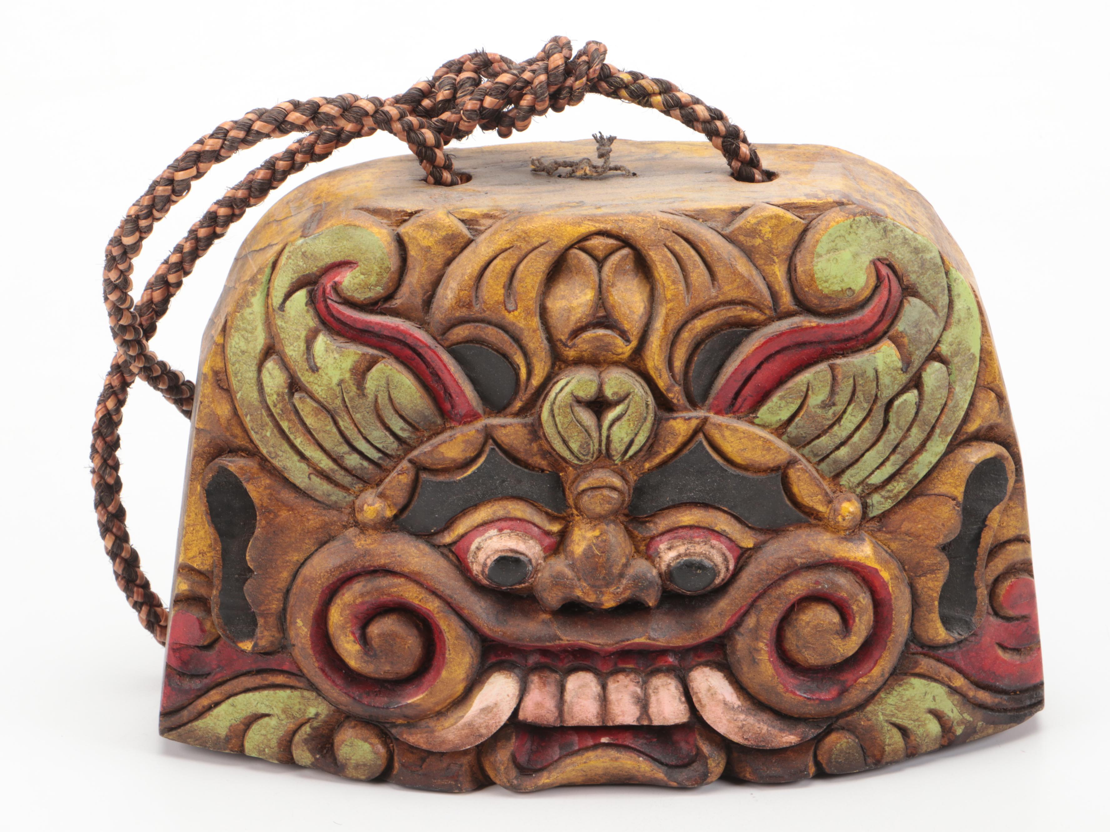 Chinese Carved Wood Guardian Lion Bell and Figures with Ceramic Cloisonné Vase