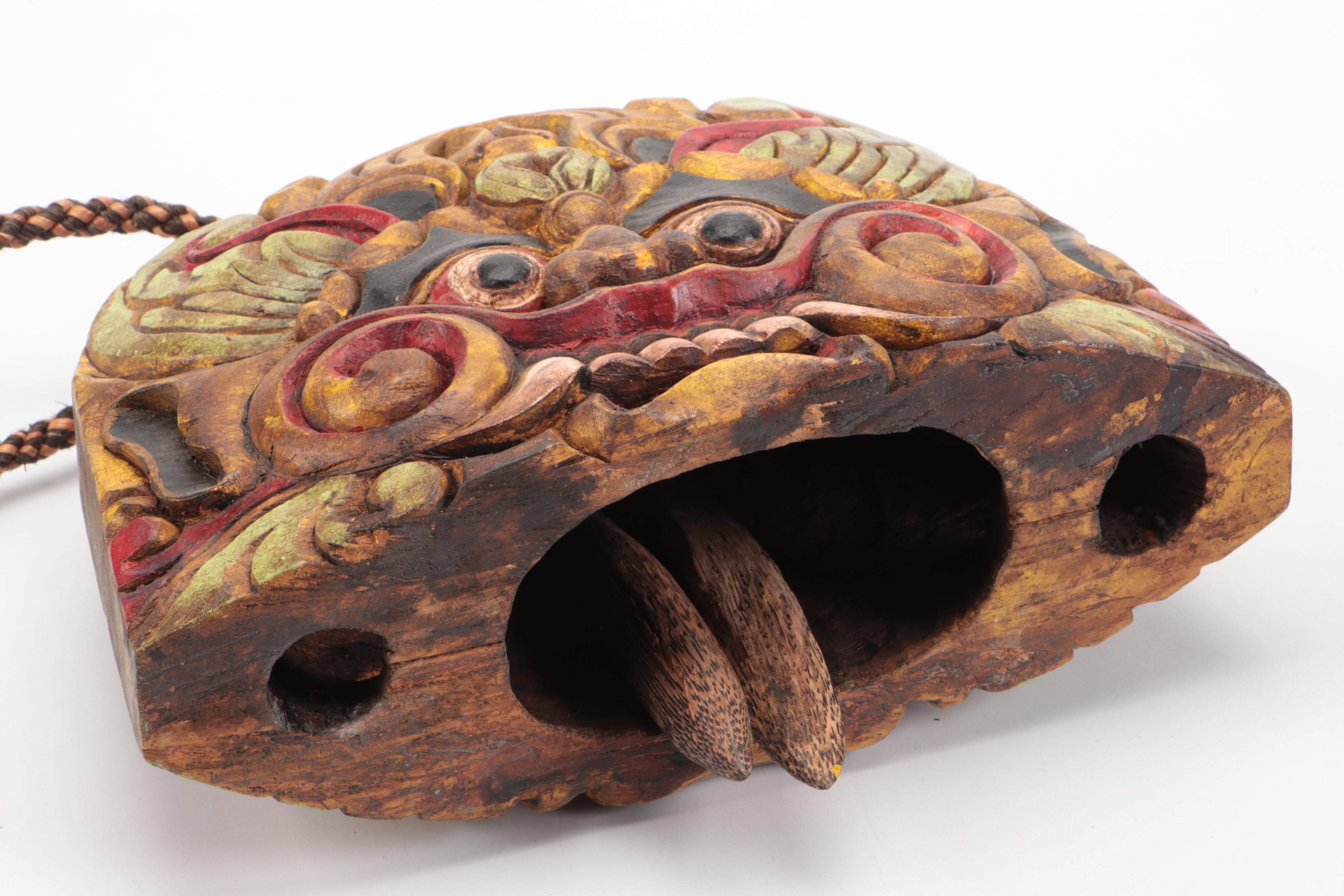 Chinese Carved Wood Guardian Lion Bell and Figures with Ceramic Cloisonné Vase