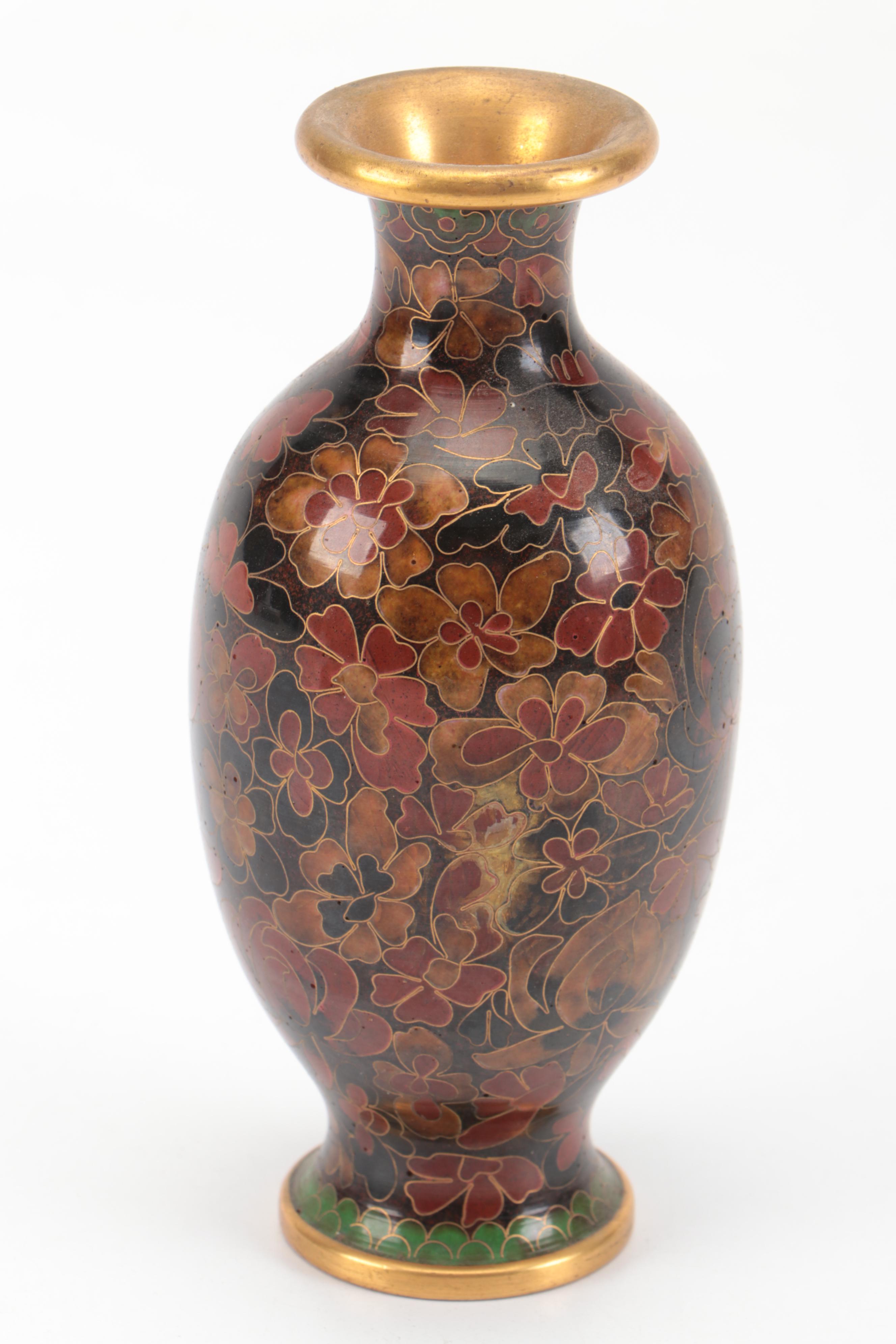 Chinese Carved Wood Guardian Lion Bell and Figures with Ceramic Cloisonné Vase