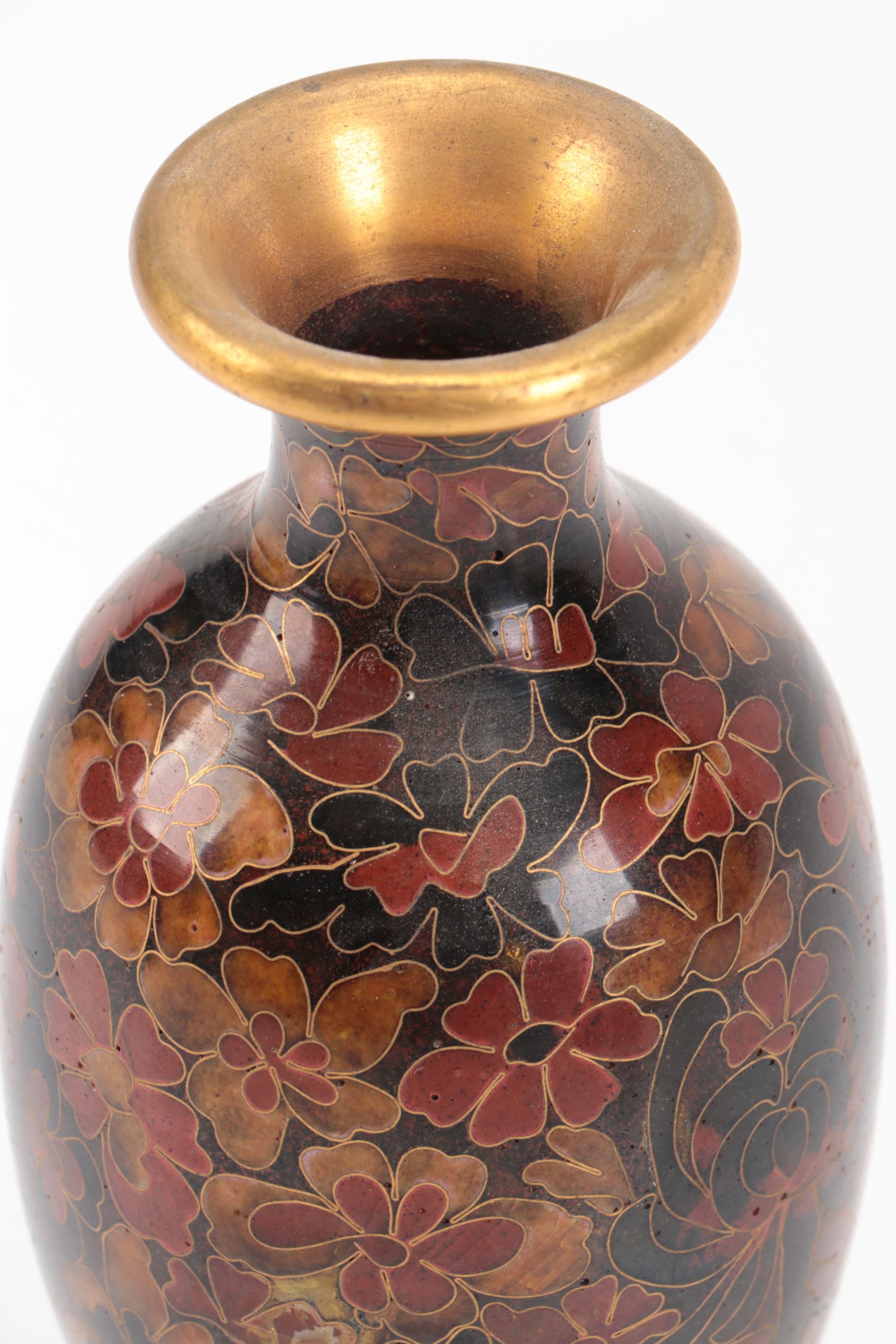 Chinese Carved Wood Guardian Lion Bell and Figures with Ceramic Cloisonné Vase