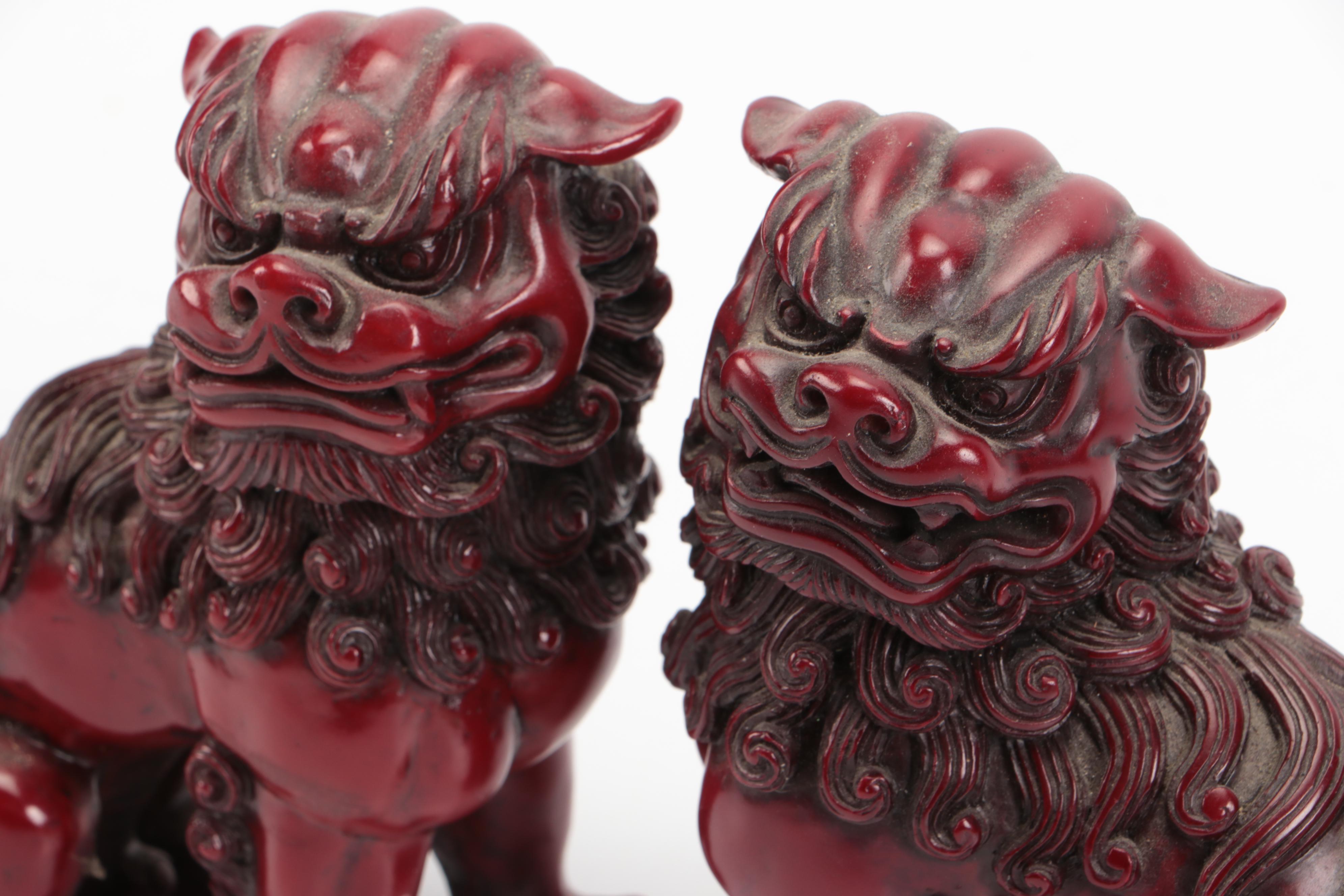 Chinese Carved Wood Guardian Lion Bell and Figures with Ceramic Cloisonné Vase