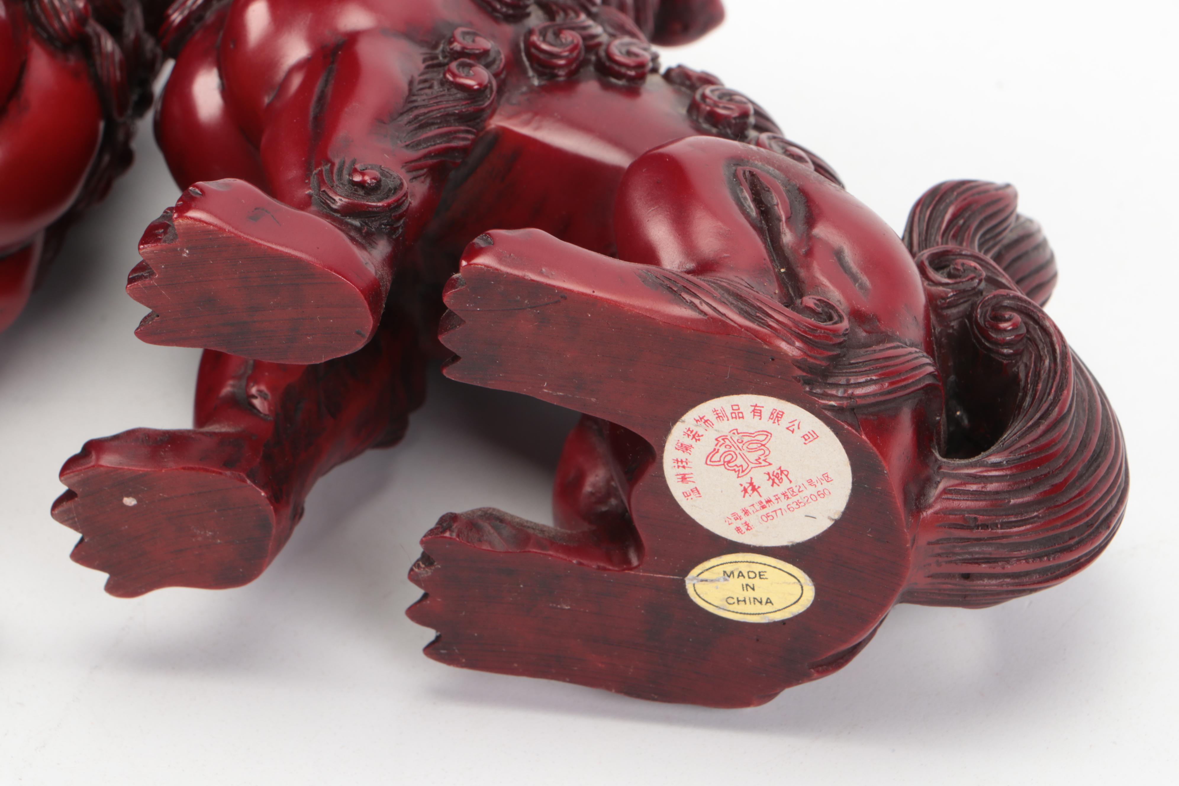 Chinese Carved Wood Guardian Lion Bell and Figures with Ceramic Cloisonné Vase