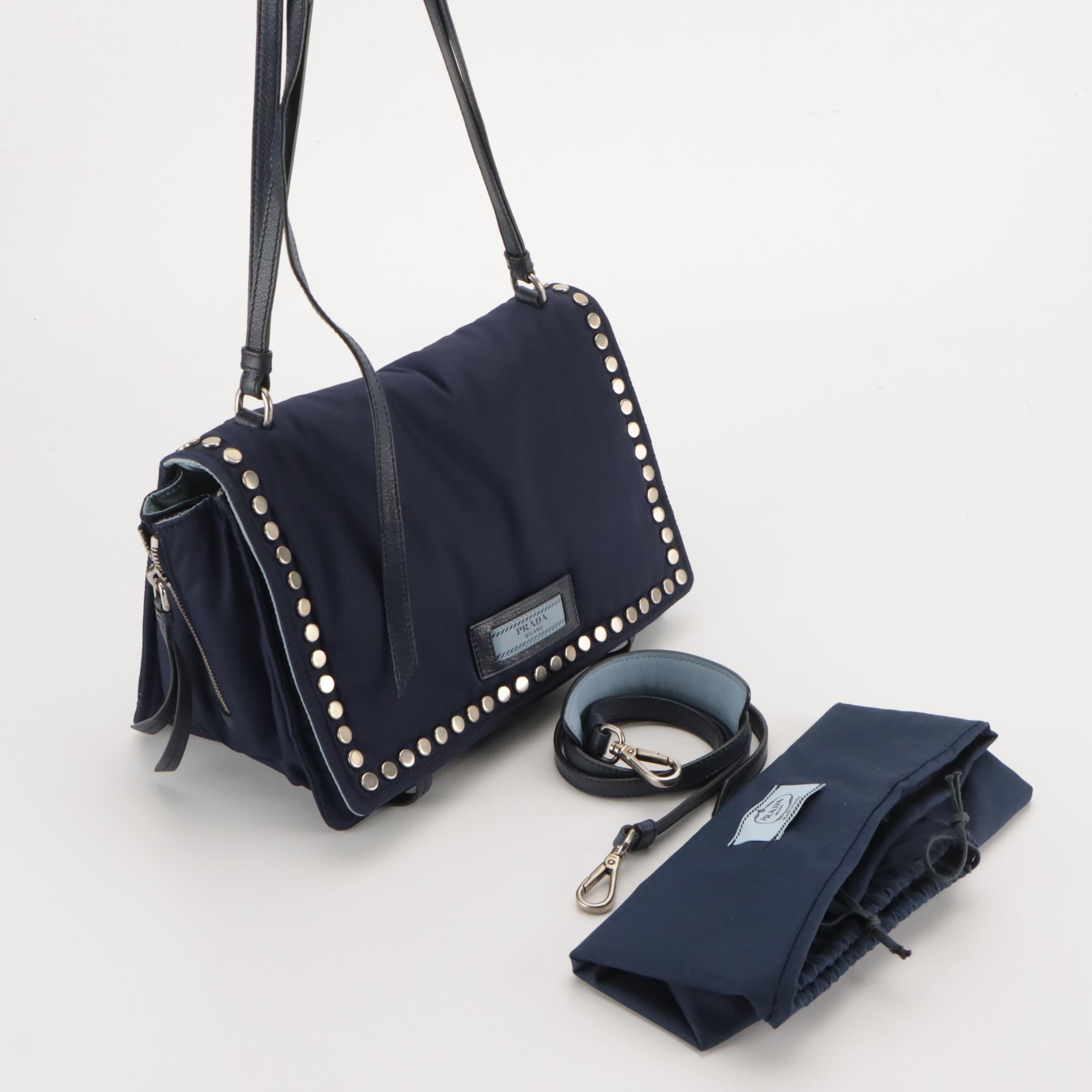 Prada Studded Etiquette Flap Bag in Blue Tessuto Nylon and Leather