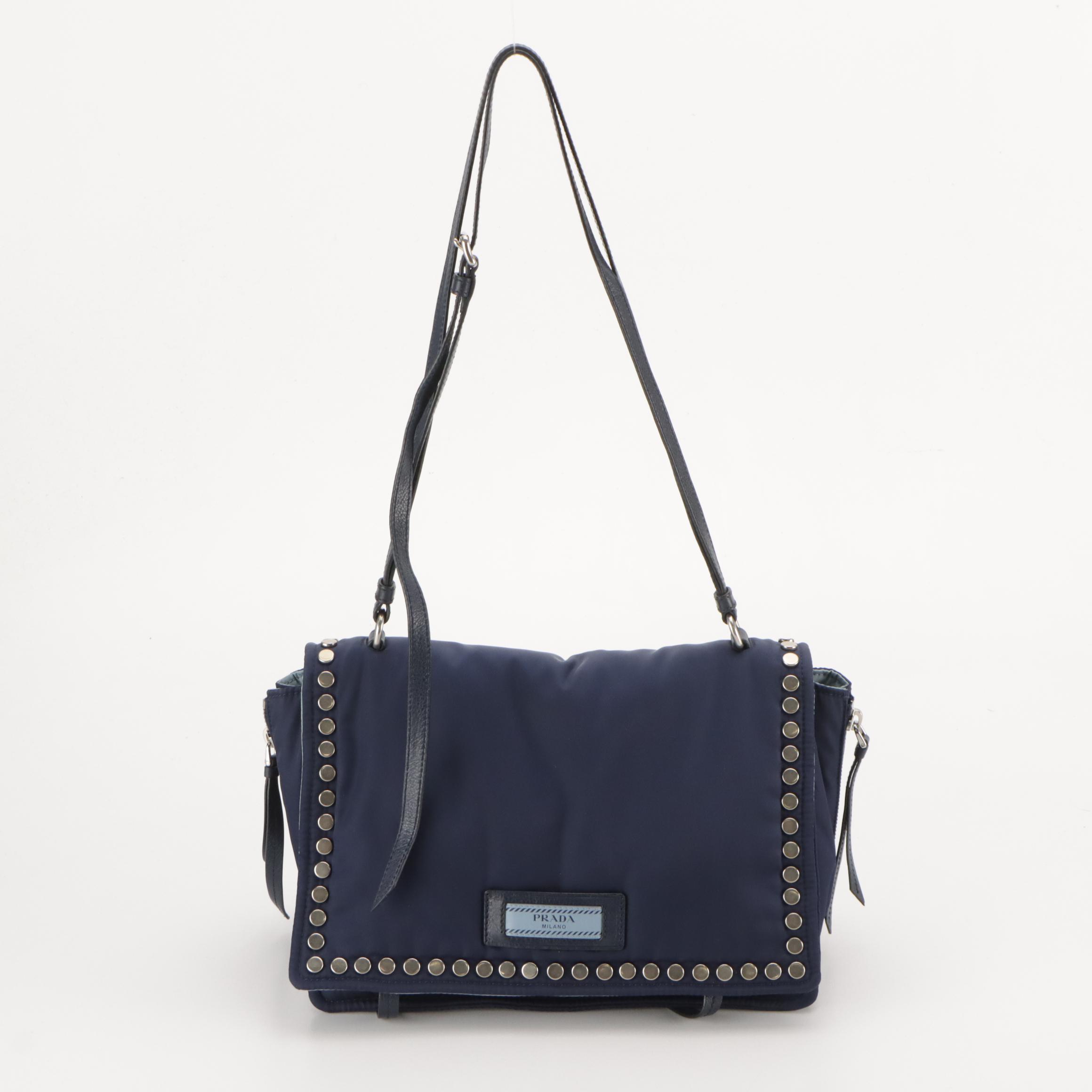 Prada Studded Etiquette Flap Bag in Blue Tessuto Nylon and Leather