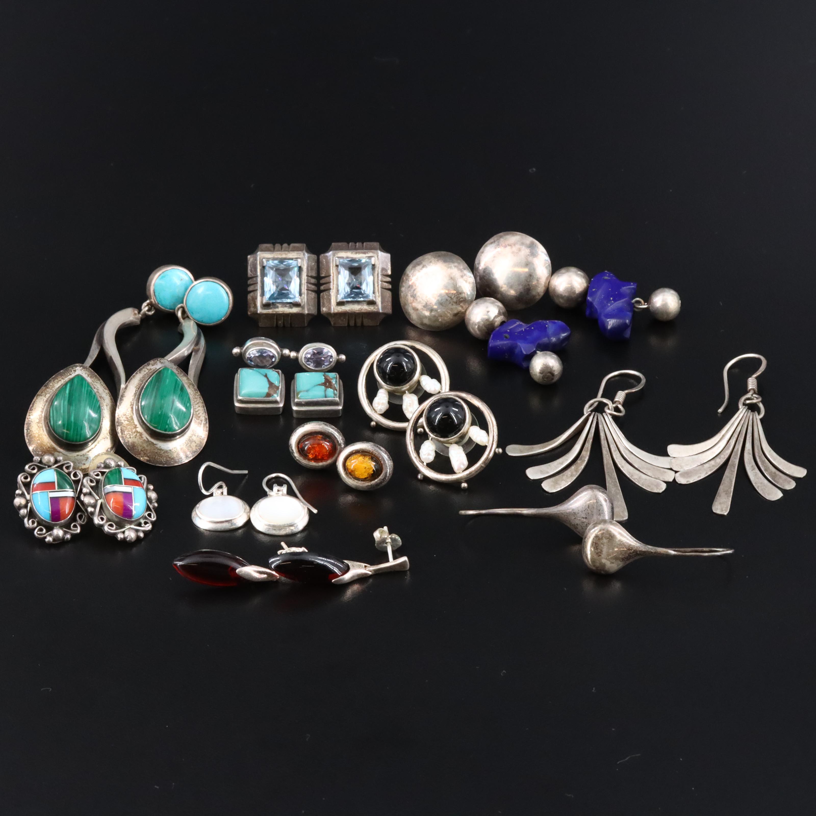 Sterling Pearl, Turquoise and Amber Earrings Featuring Frappe