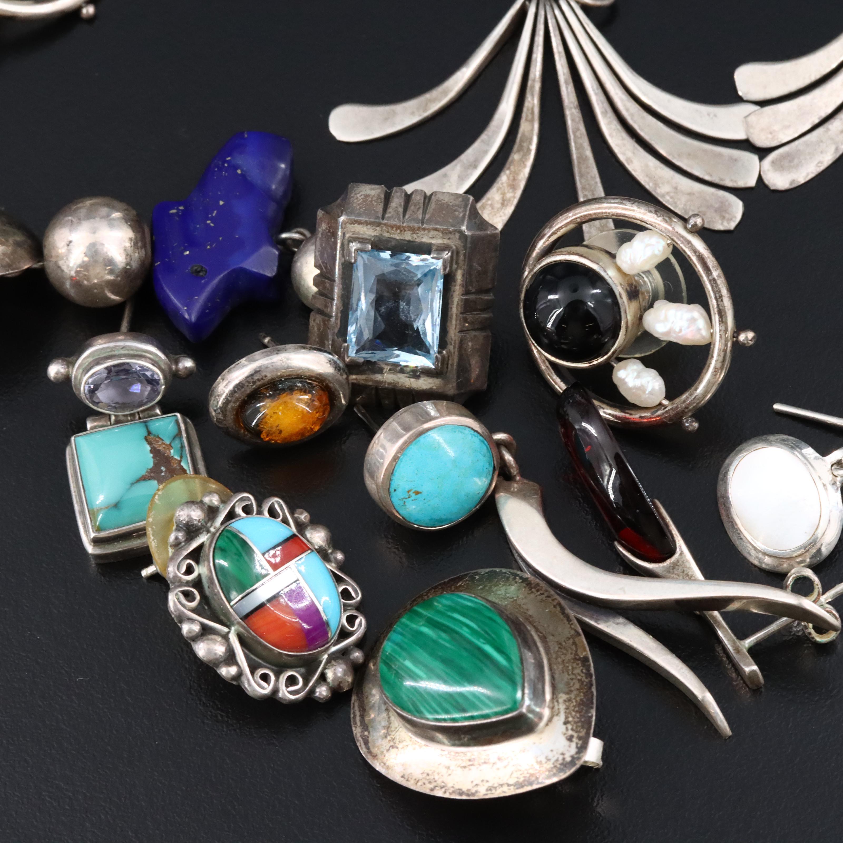 Sterling Pearl, Turquoise and Amber Earrings Featuring Frappe