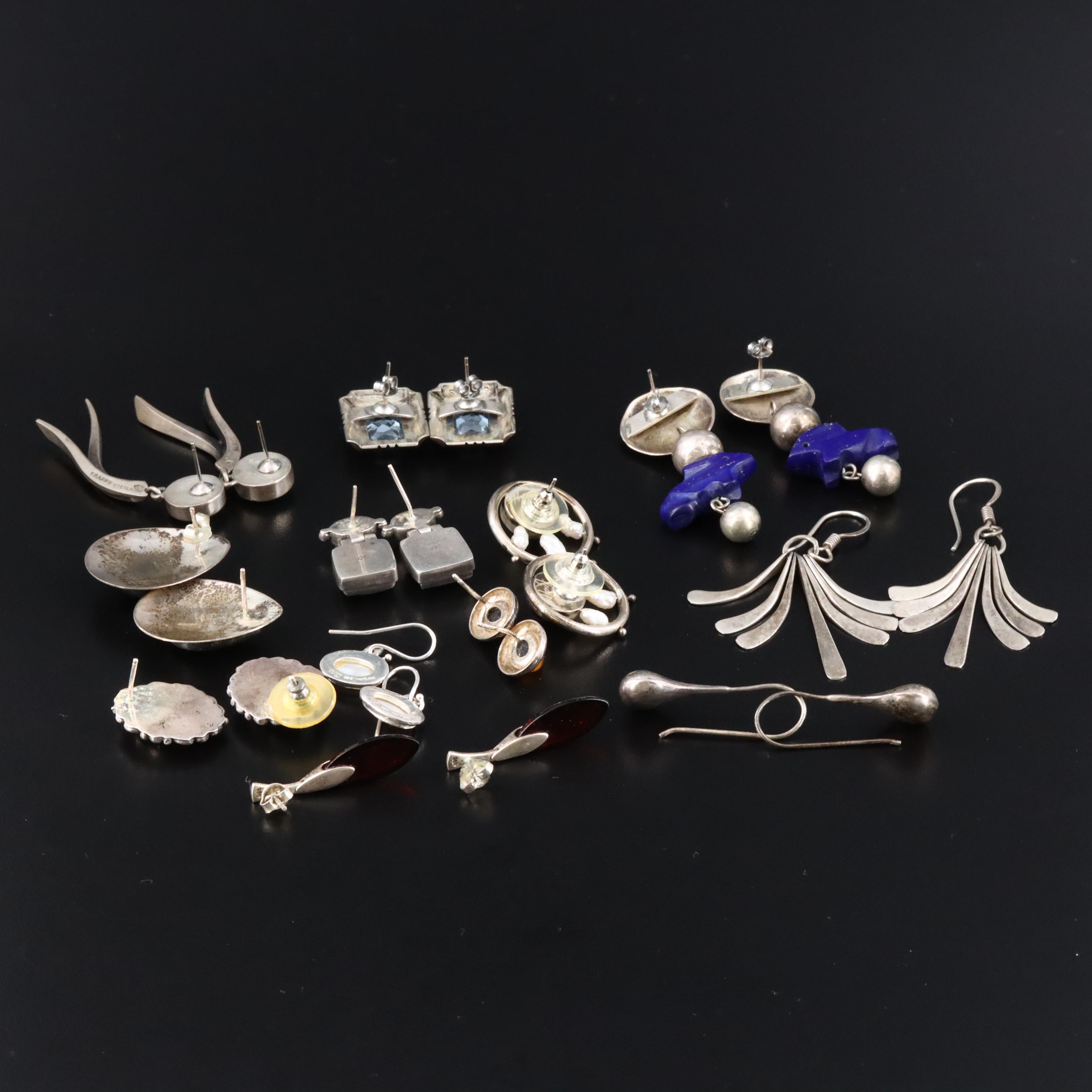 Sterling Pearl, Turquoise and Amber Earrings Featuring Frappe