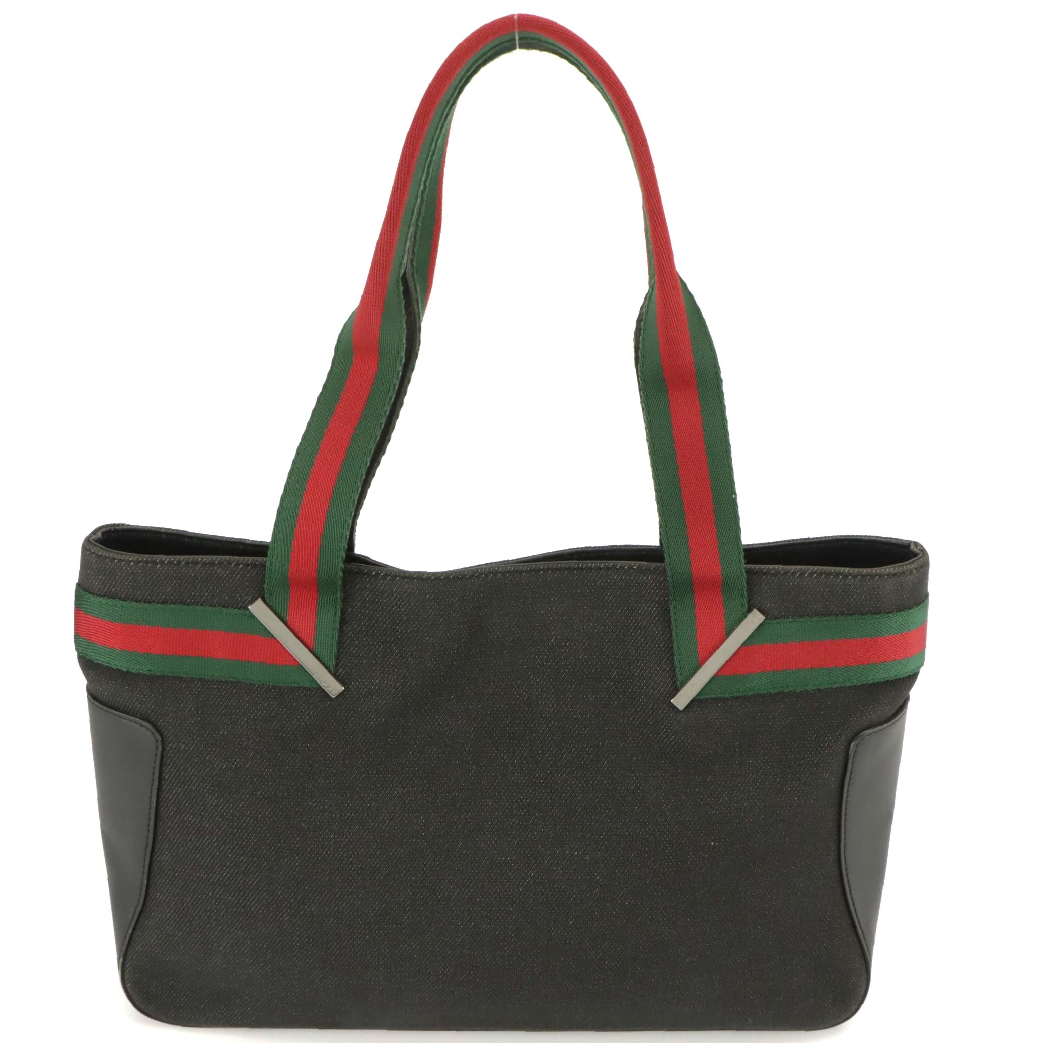 Gucci Dark Denim and Black Leather Web Stripe Trim/Strap Shoulder Bag