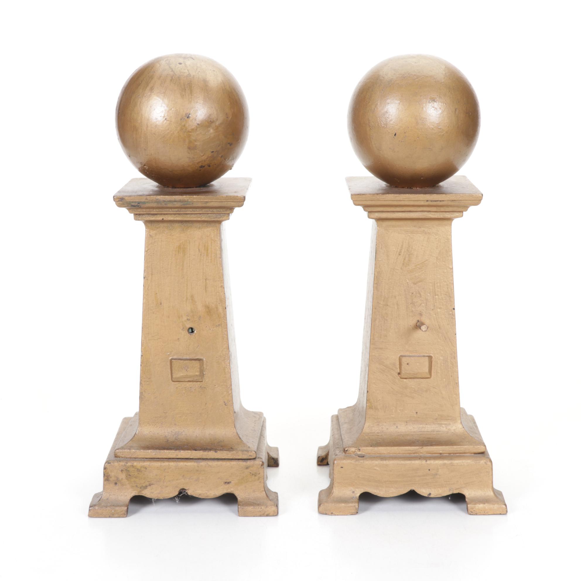 Painted Cast Iron Cannonball Andiron Fronts, Early to Mid-20th Century