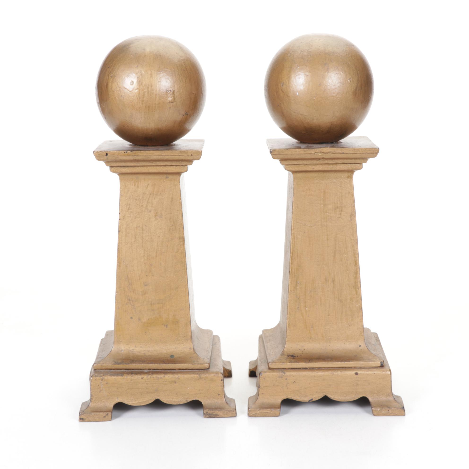 Painted Cast Iron Cannonball Andiron Fronts, Early to Mid-20th Century