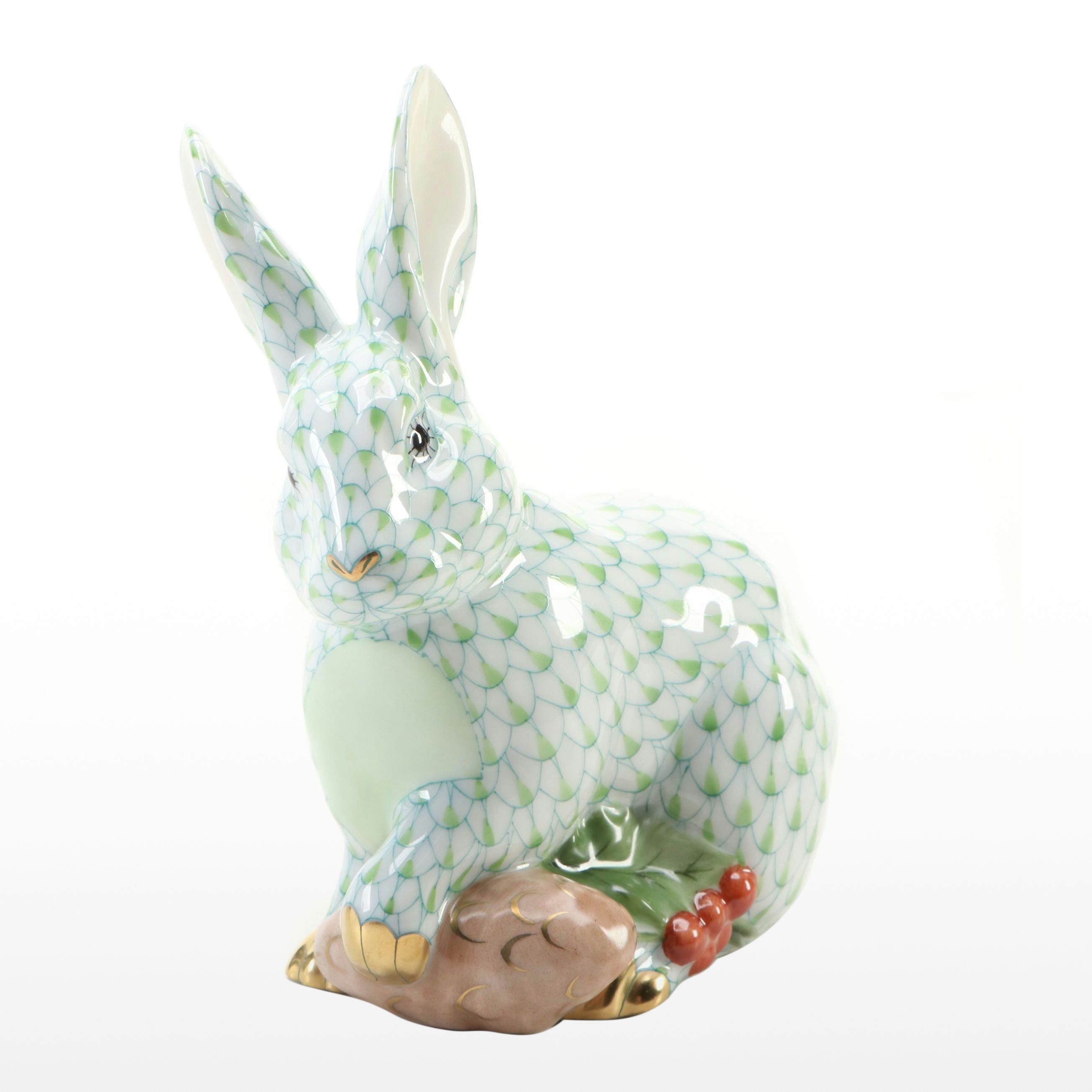 Herend Key Lime Fishnet with Gold "Winter Bunny" Porcelain Figurine
