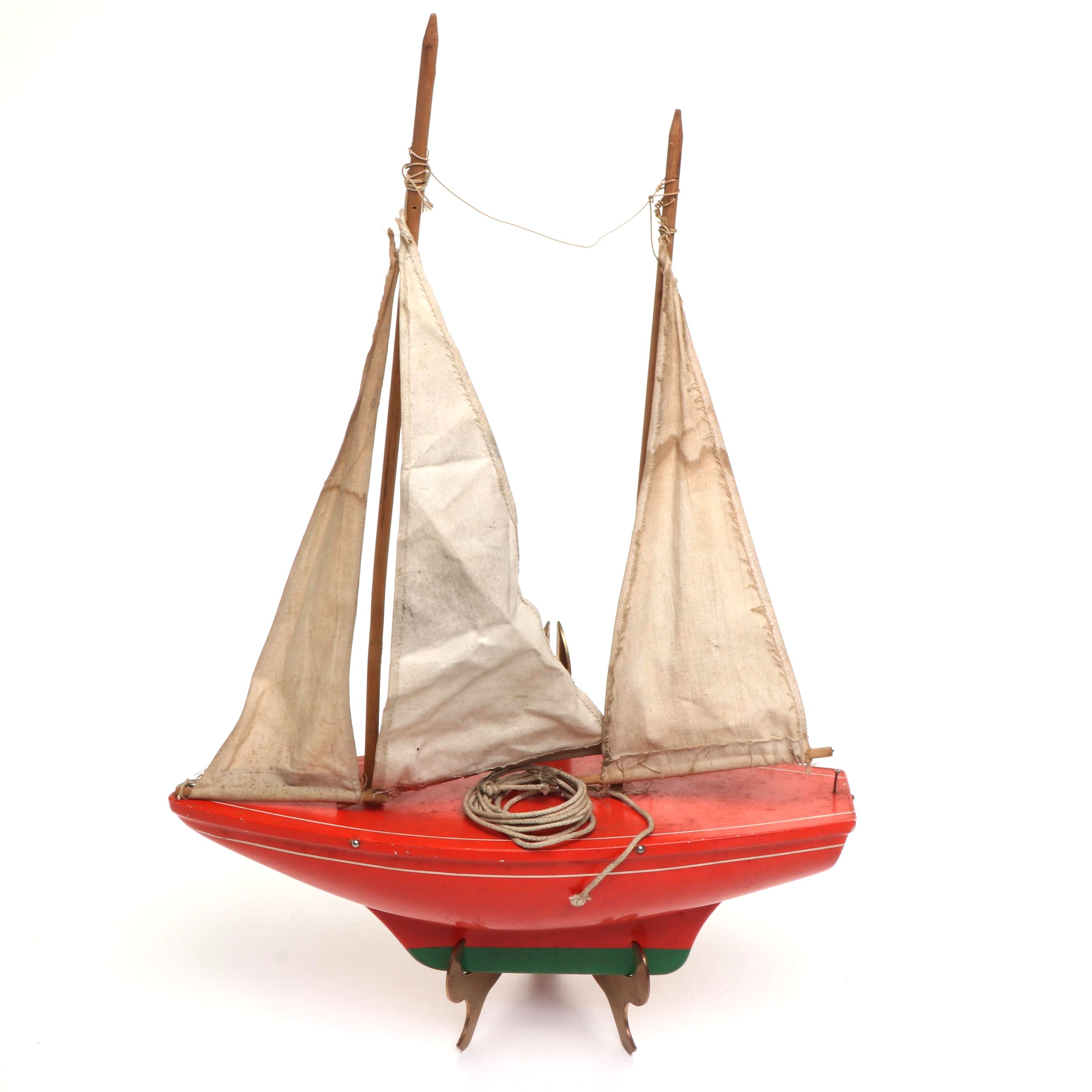 Paint-Decorated Wood Model Sailboat with Metal Stand